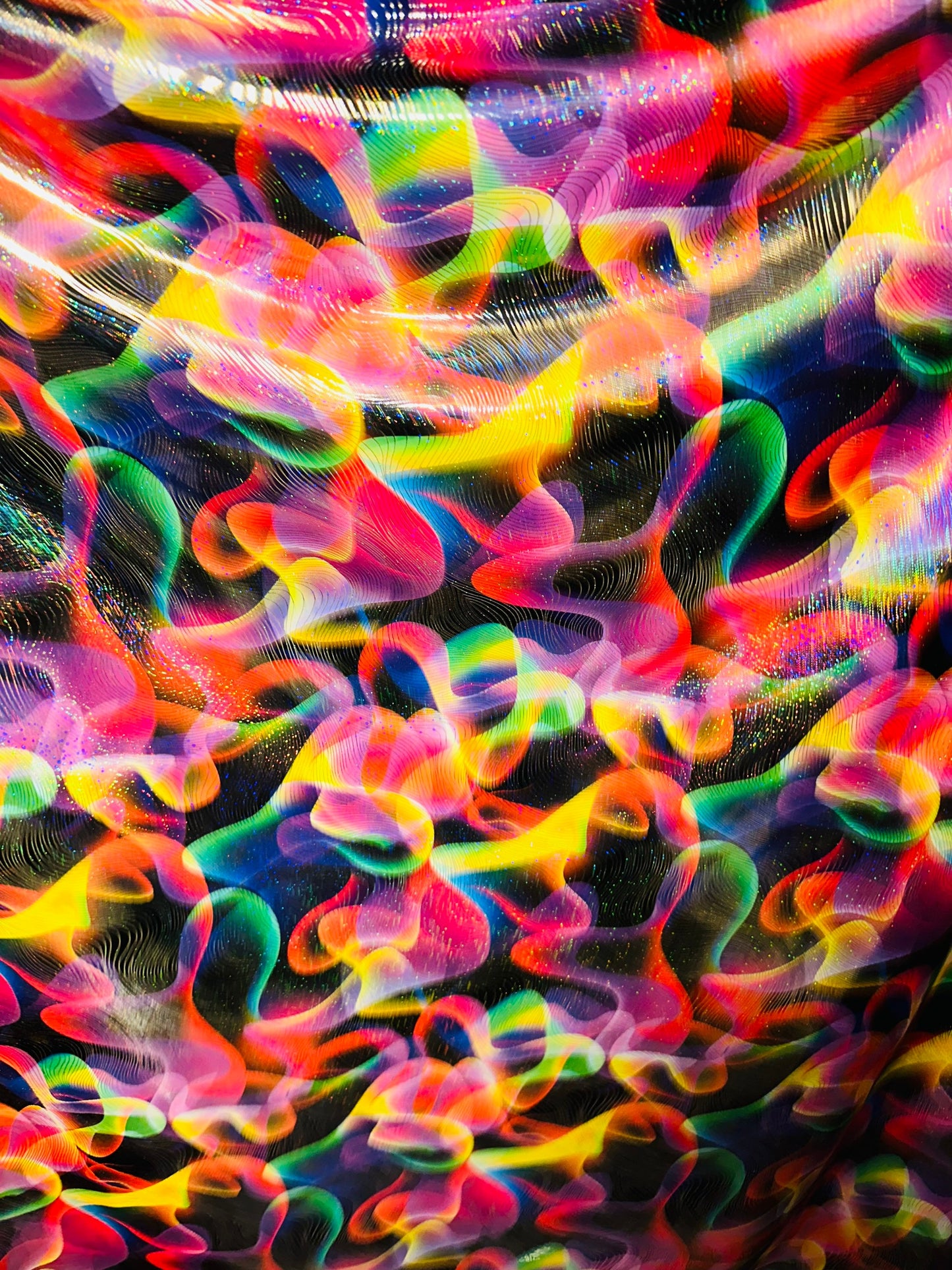 Luxury modern abstract design metallic nylon spandex with hologram foil best quality spandex 4-way stretch 58/60” Sold by the YD.