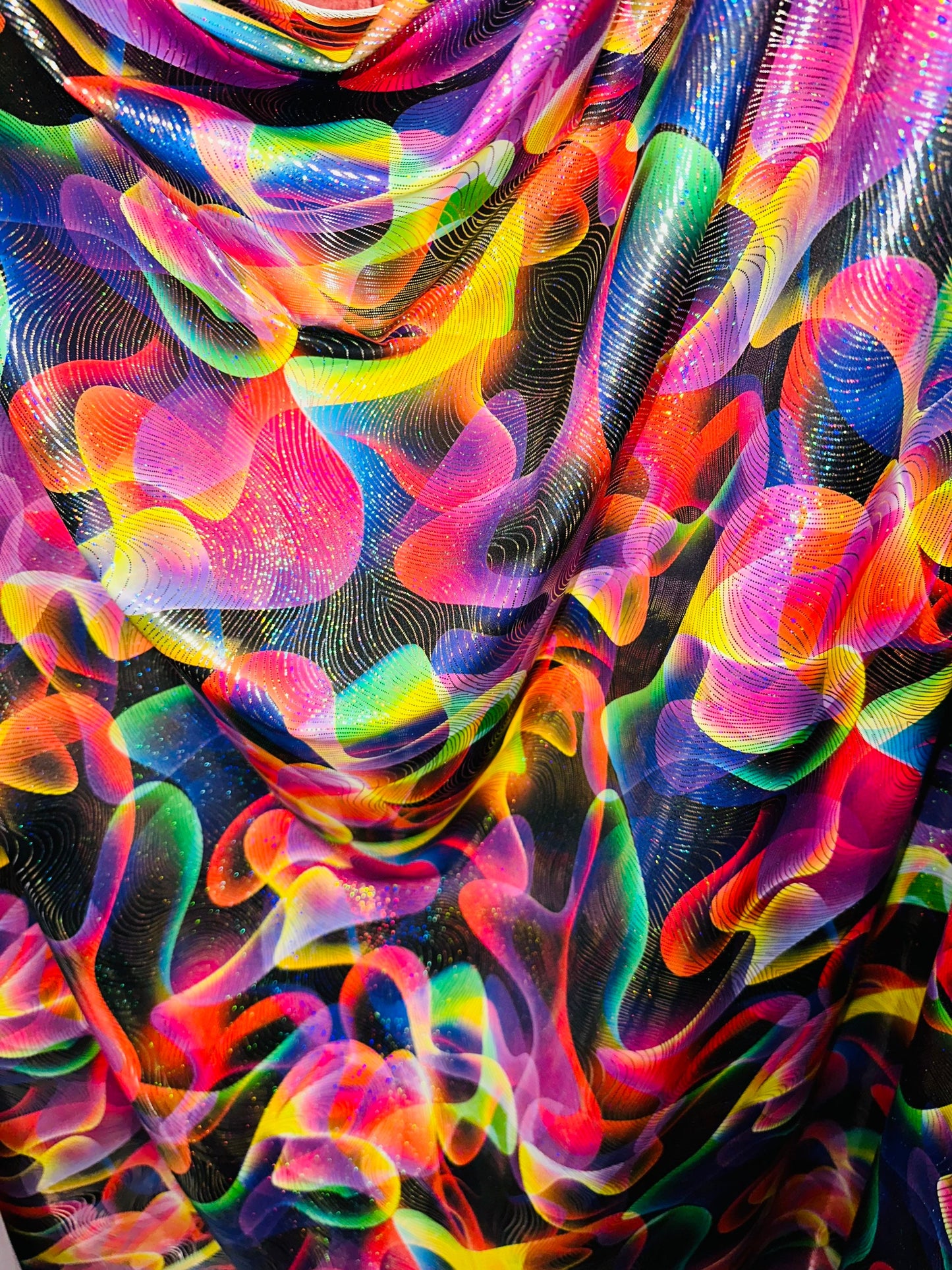 Luxury modern abstract design metallic nylon spandex with hologram foil best quality spandex 4-way stretch 58/60” Sold by the YD.