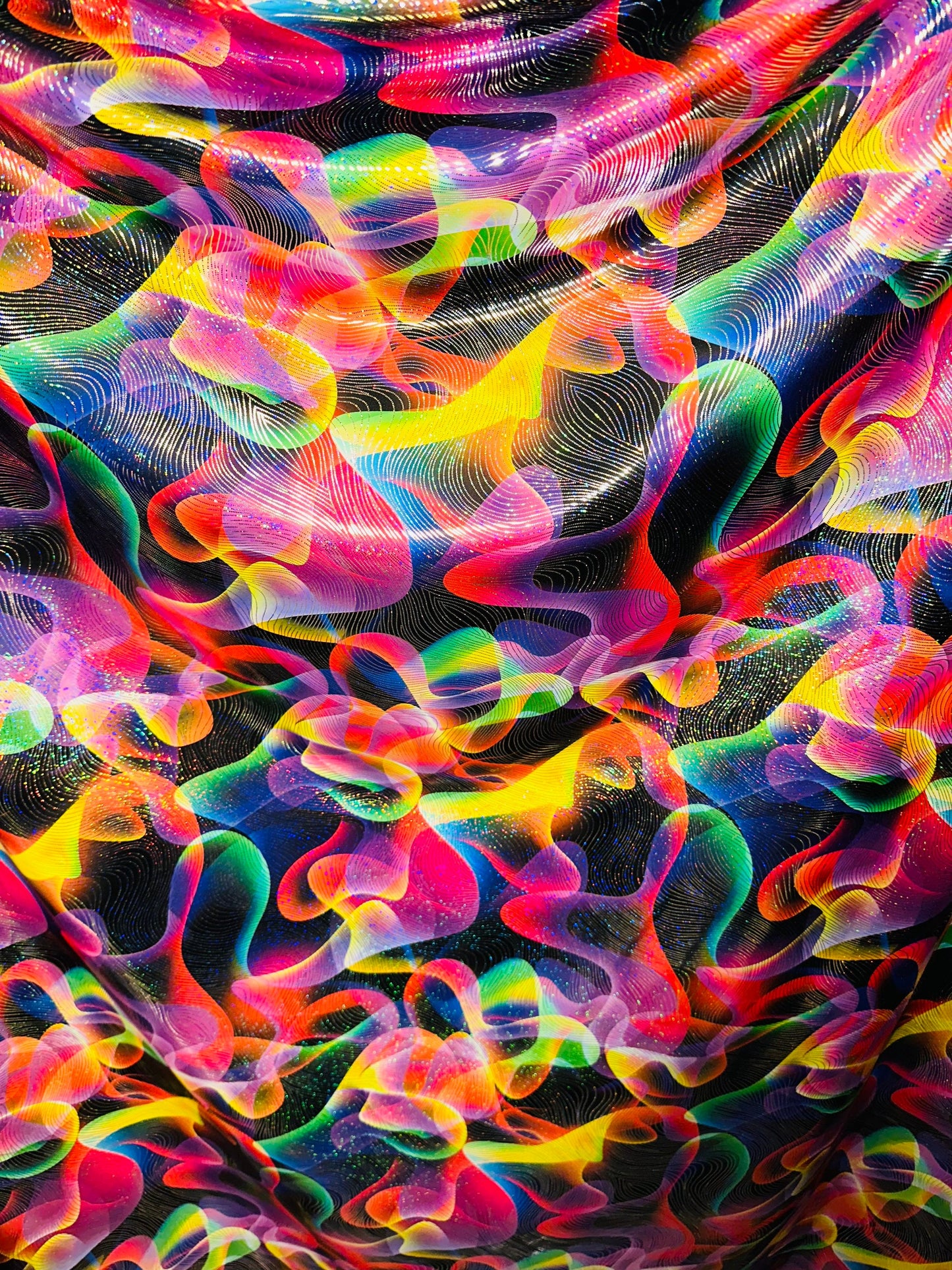 Luxury modern abstract design metallic nylon spandex with hologram foil best quality spandex 4-way stretch 58/60” Sold by the YD.