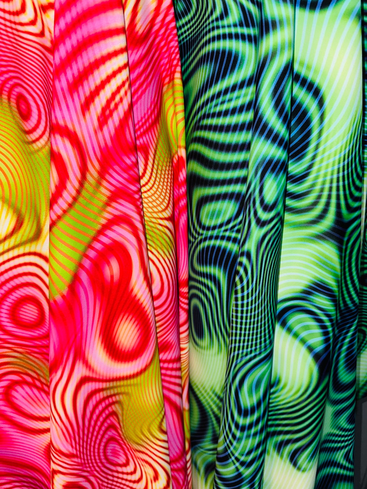 New psychedelic abstract design Nylon spandex fabric 4way Stretch. Fabric sold by the yard 58/60” ships worldwide from Los Angeles CA