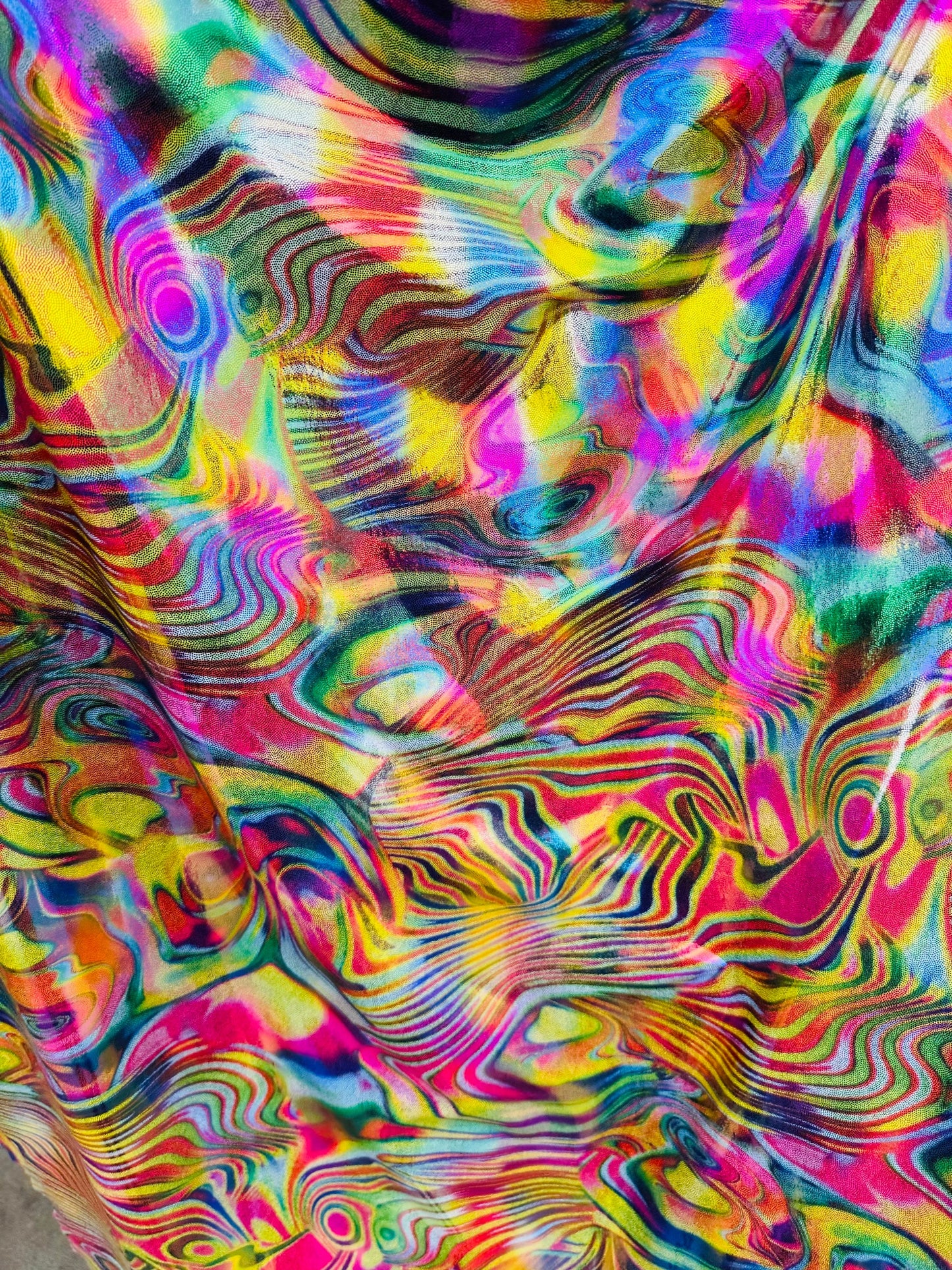 New Modern abstract Lava design hologram metallic nylon spandex 4-way stretch 58/60” Sold by the YD. Ships worldwide from Los Angeles