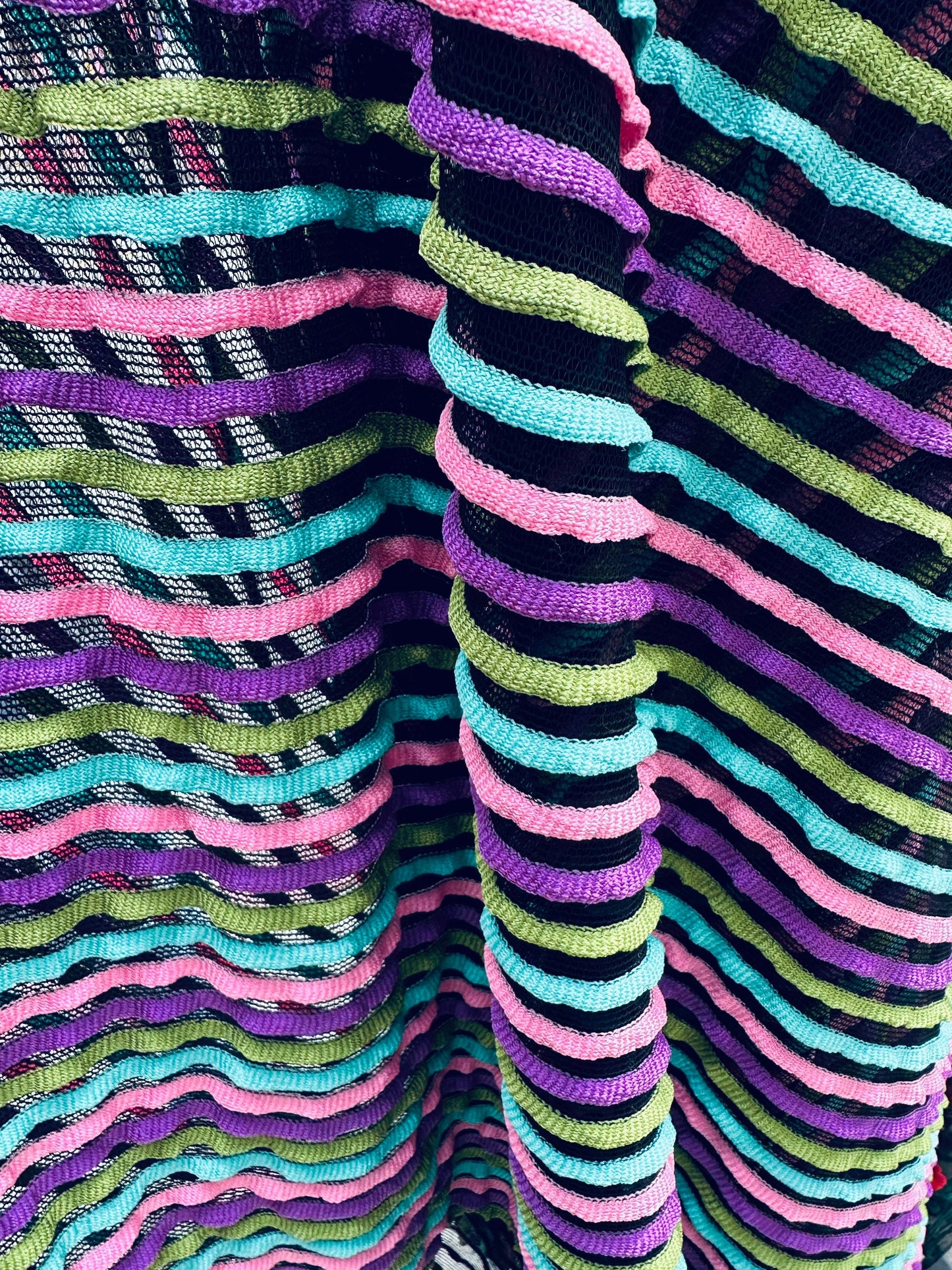 New Ruffle design stretch mesh Black/multicolor 2-way stretch 58/60” Sold by the YD. Ships worldwide from Los Angeles California USA