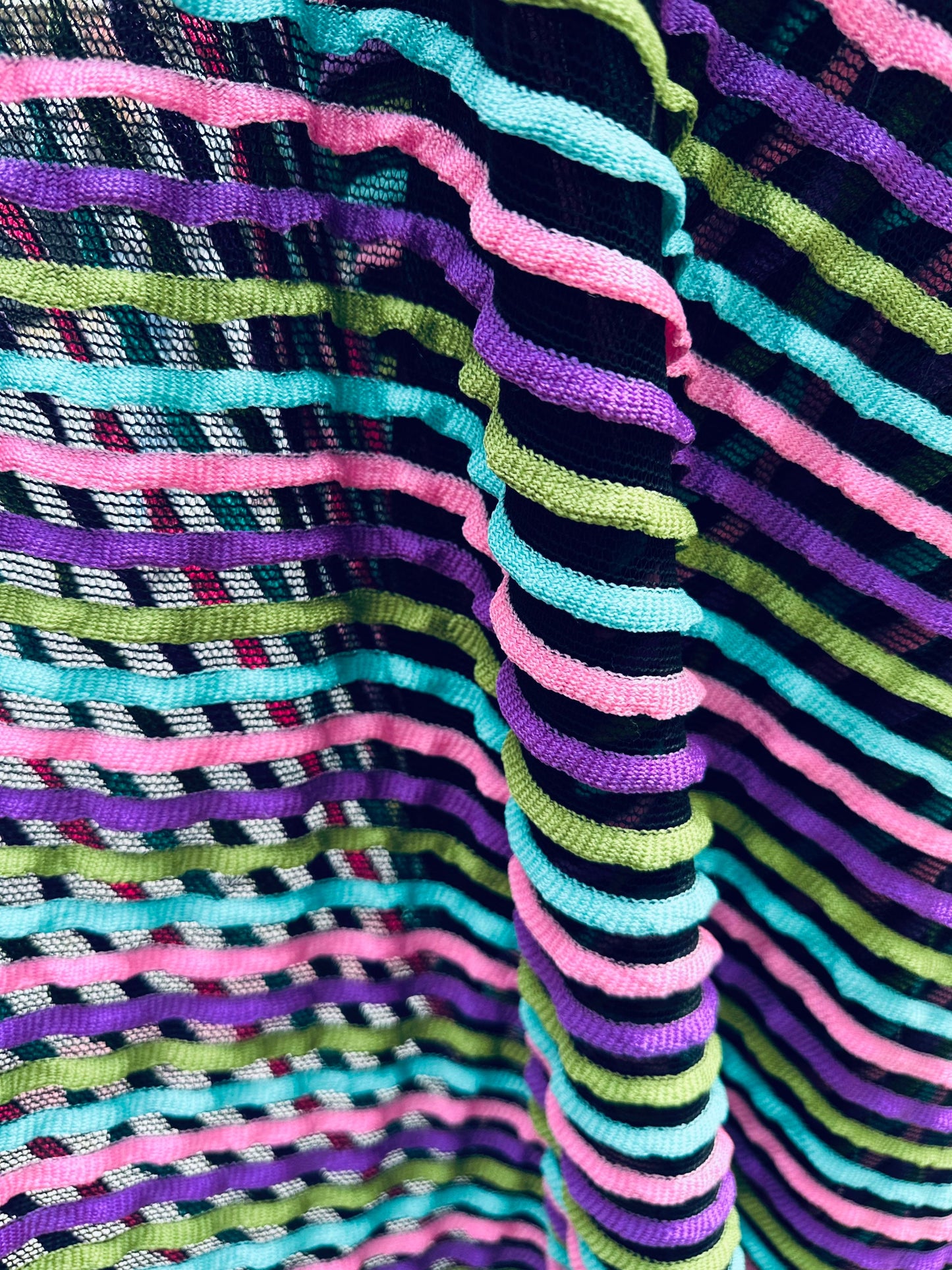 New Ruffle design stretch mesh Black/multicolor 2-way stretch 58/60” Sold by the YD. Ships worldwide from Los Angeles California USA