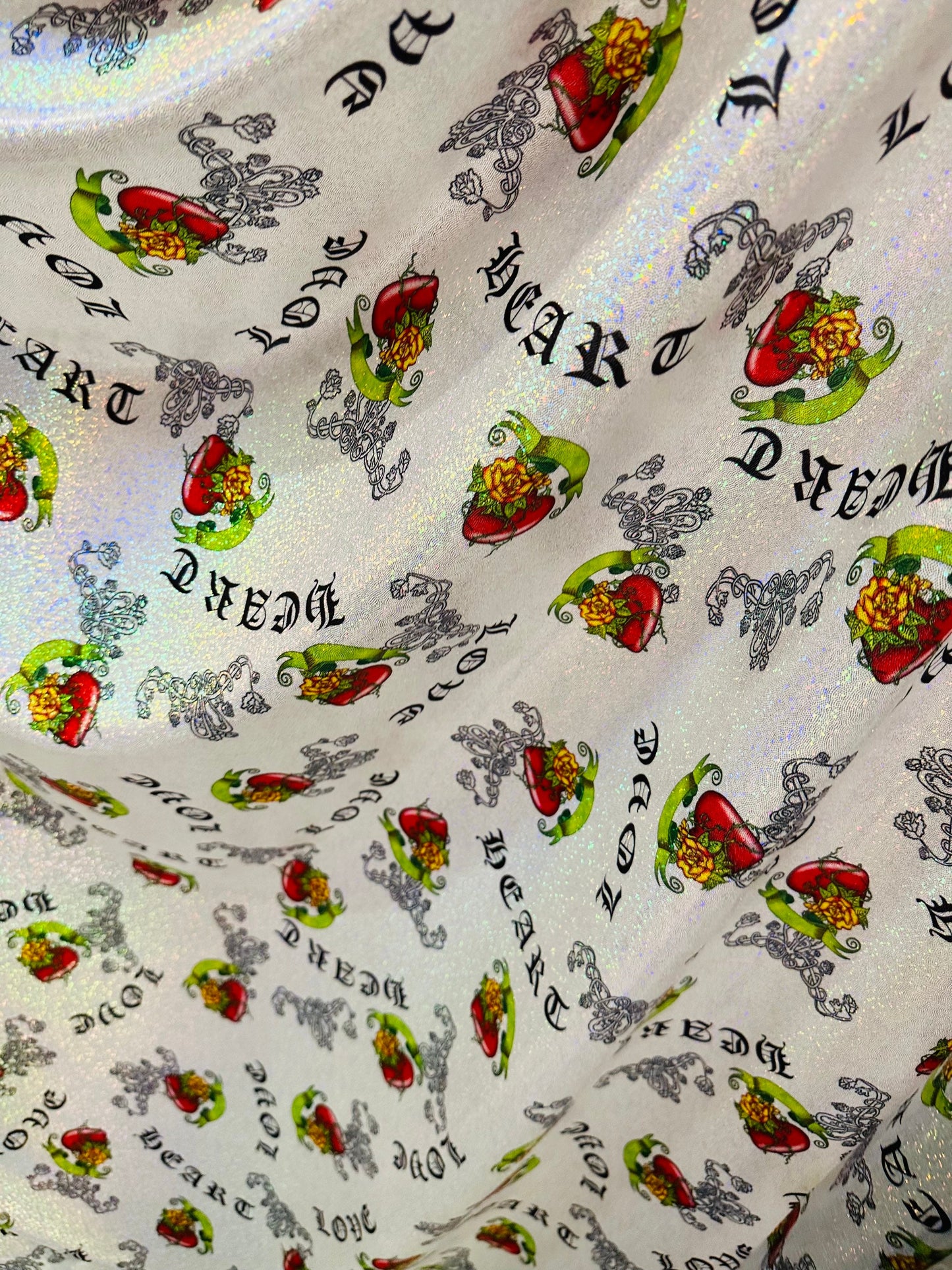 Luxury Love Heart design print on hologram metallic nylon spandex with foggy foil 4-way stretch 58/60”