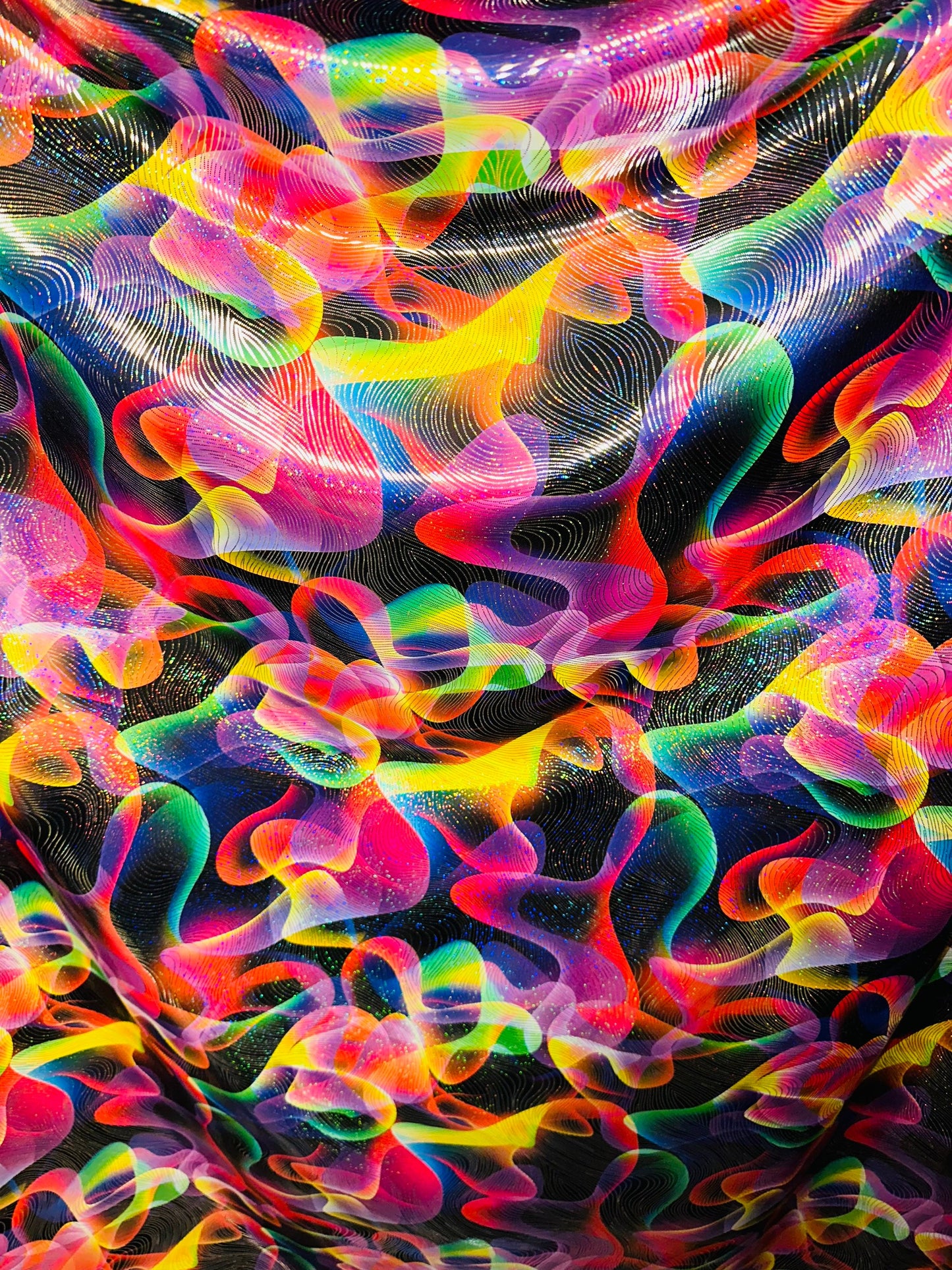 Luxury modern abstract design metallic nylon spandex with hologram foil best quality spandex 4-way stretch 58/60” Sold by the YD.