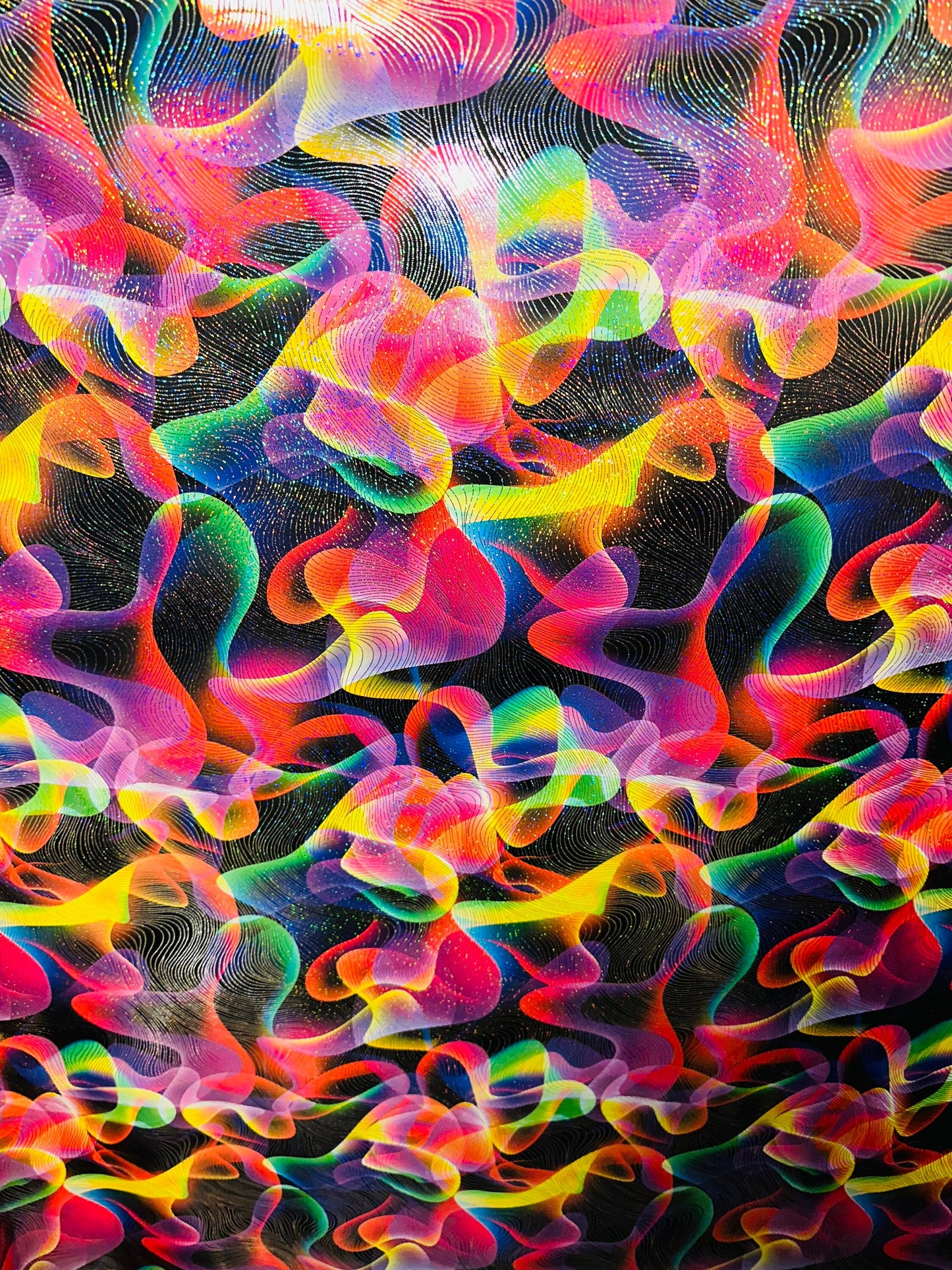 Luxury modern abstract design metallic nylon spandex with hologram foil best quality spandex 4-way stretch 58/60” Sold by the YD.