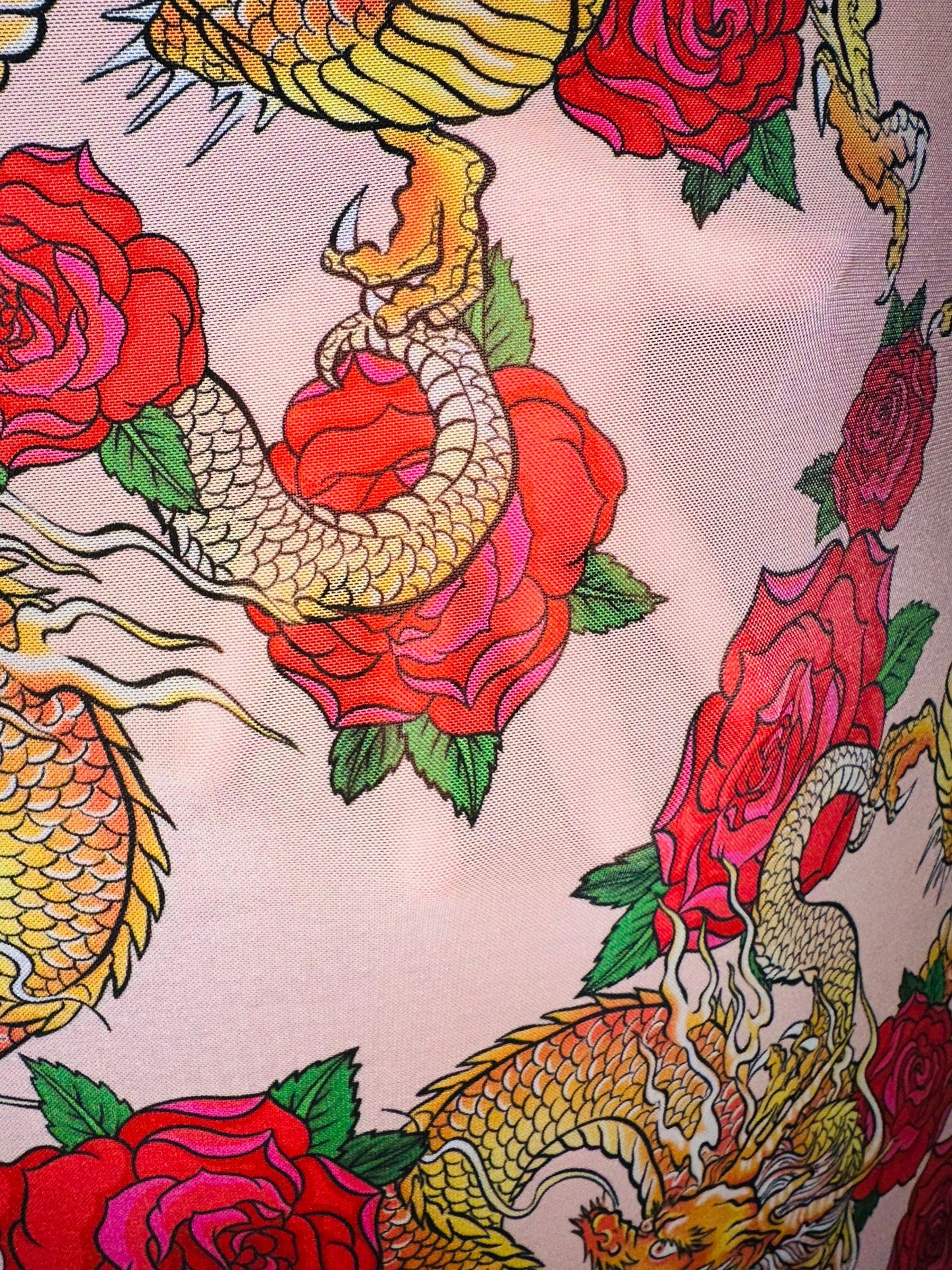 New Exotic Dragon design with red Roses print on power mesh 4-way stretch 58/60” Sold by the YD. Ships Worldwide from Los Angeles