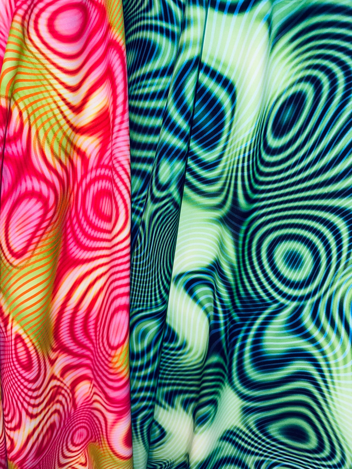 New psychedelic abstract design Nylon spandex fabric 4way Stretch. Fabric sold by the yard 58/60” ships worldwide from Los Angeles CA