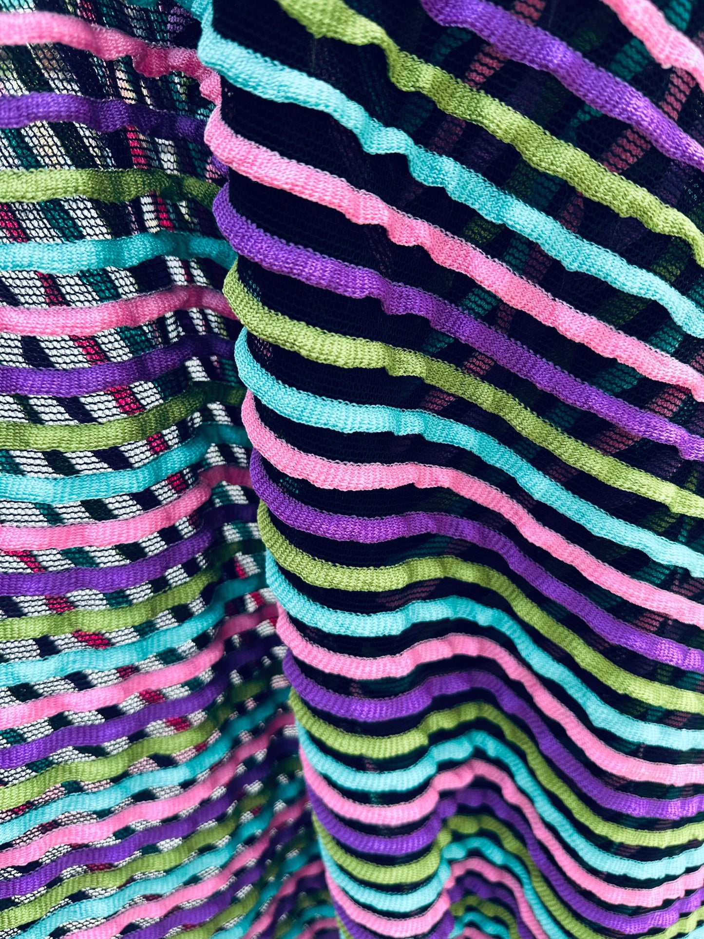 New Ruffle design stretch mesh Black/multicolor 2-way stretch 58/60” Sold by the YD. Ships worldwide from Los Angeles California USA