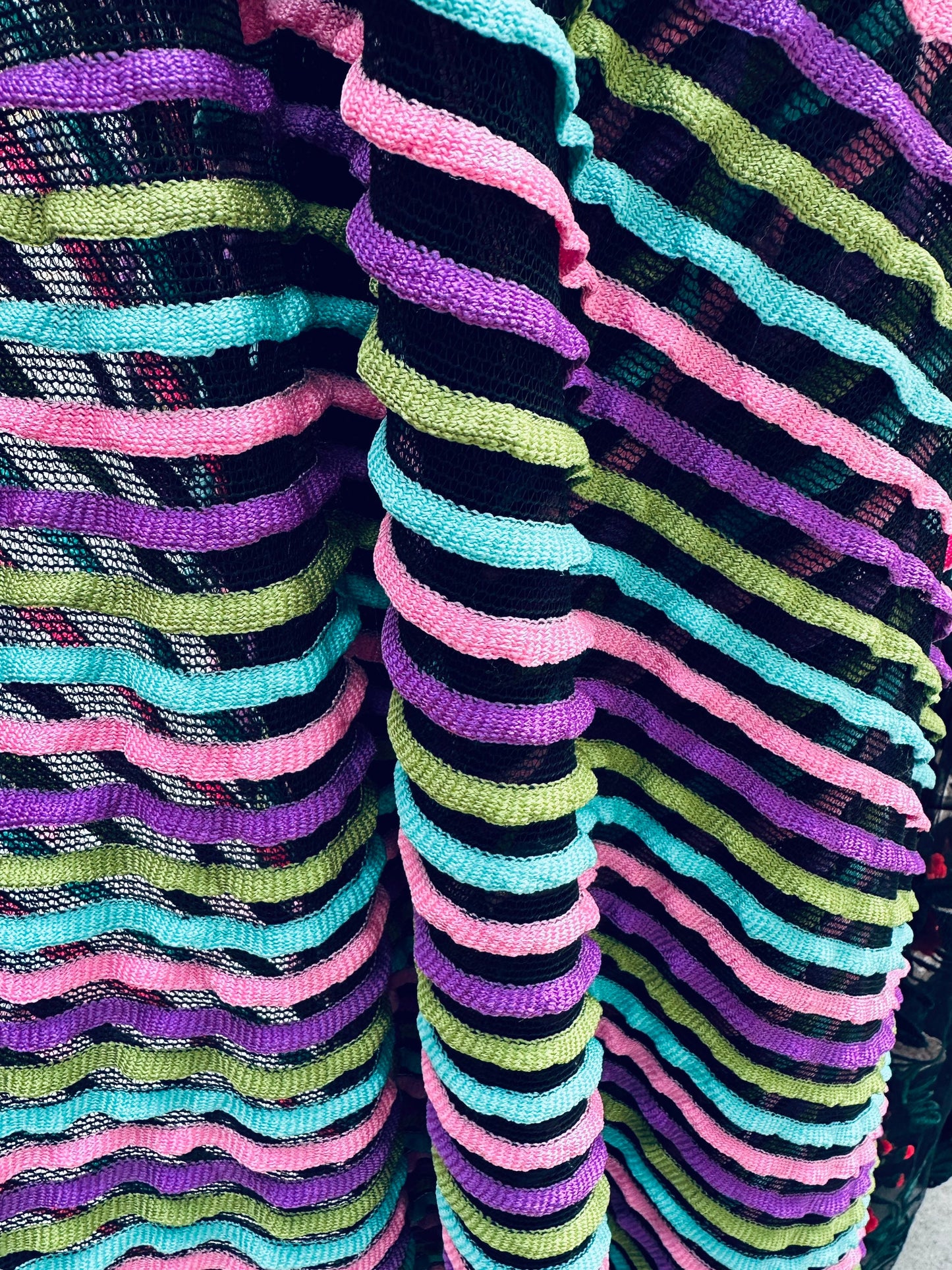 New Ruffle design stretch mesh Black/multicolor 2-way stretch 58/60” Sold by the YD. Ships worldwide from Los Angeles California USA