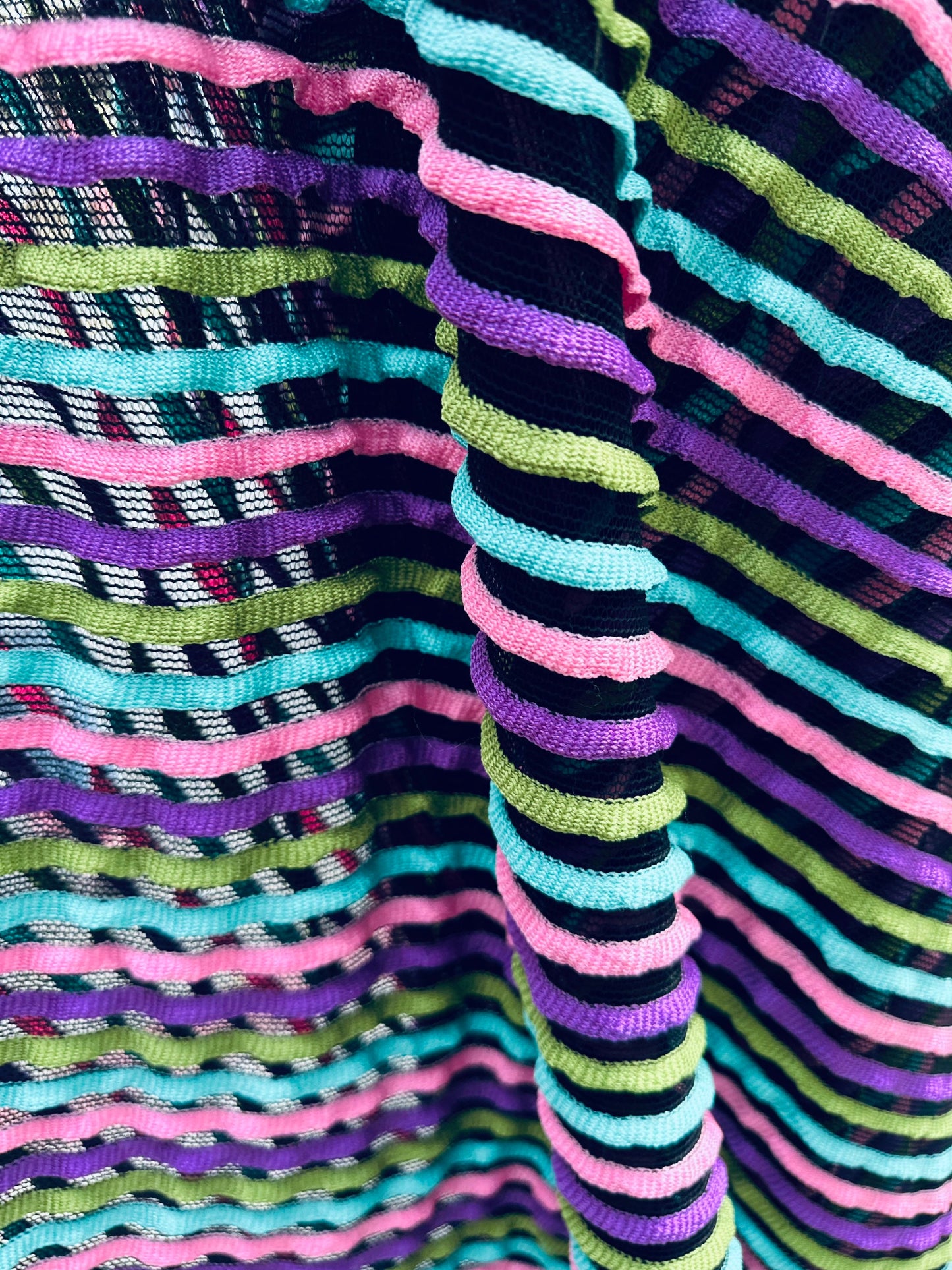 New Ruffle design stretch mesh Black/multicolor 2-way stretch 58/60” Sold by the YD. Ships worldwide from Los Angeles California USA