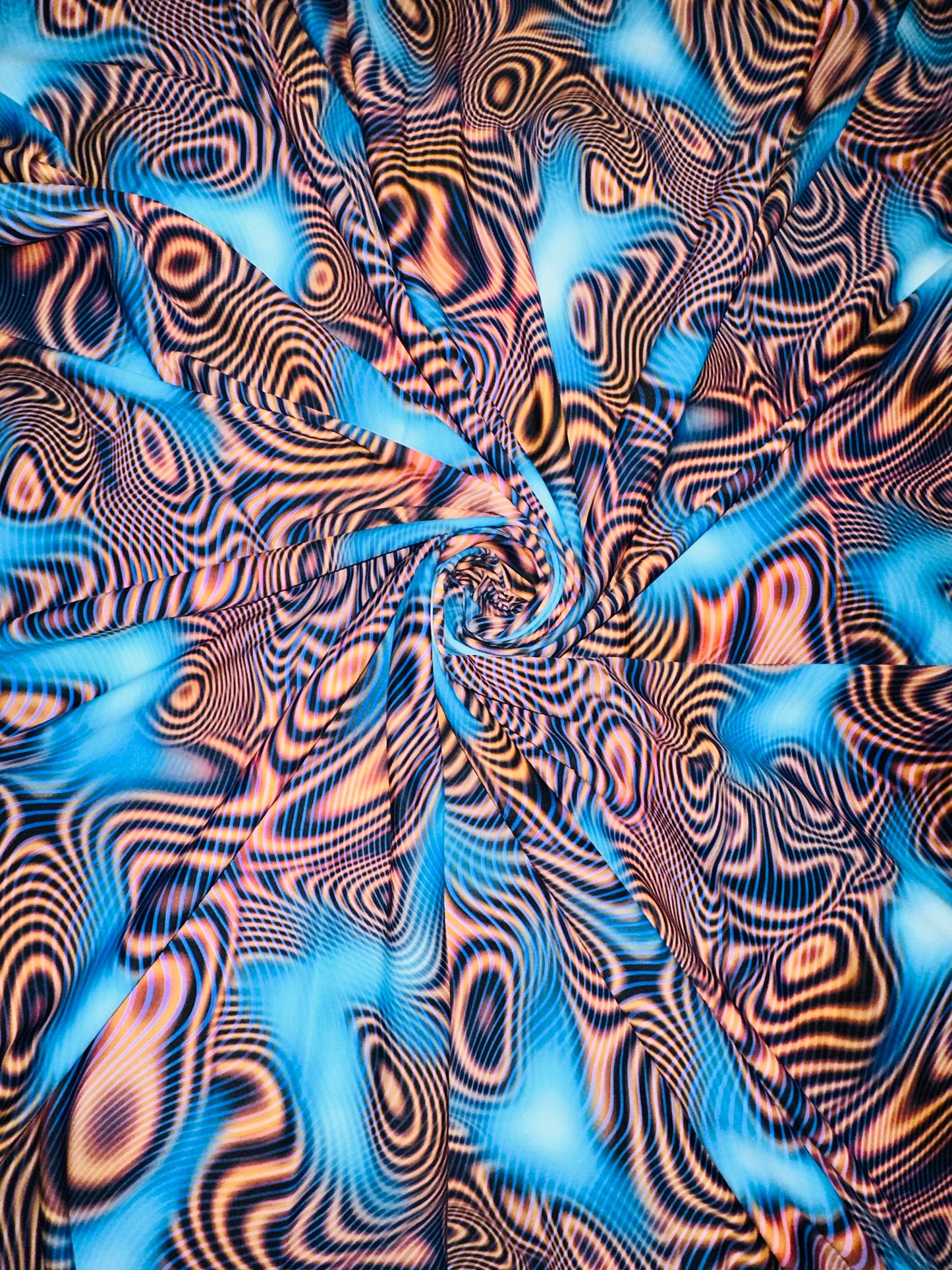 New psychedelic abstract design high quality of Nylon spandex fabric 4way Stretch. Fabric sold by the yard 58/60” ships worldwide from LA