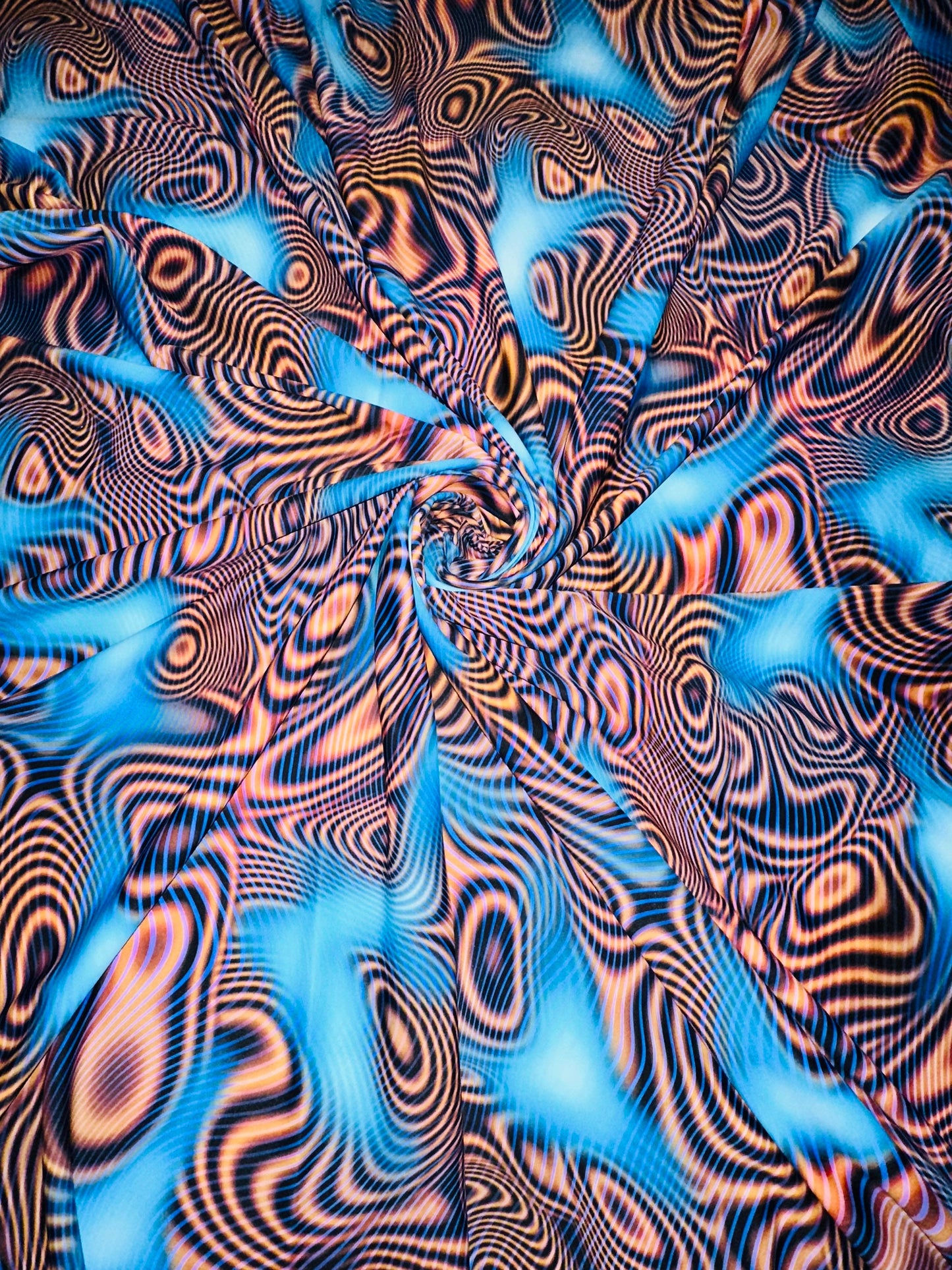 New psychedelic abstract design high quality of Nylon spandex fabric 4way Stretch. Fabric sold by the yard 58/60” ships worldwide from LA