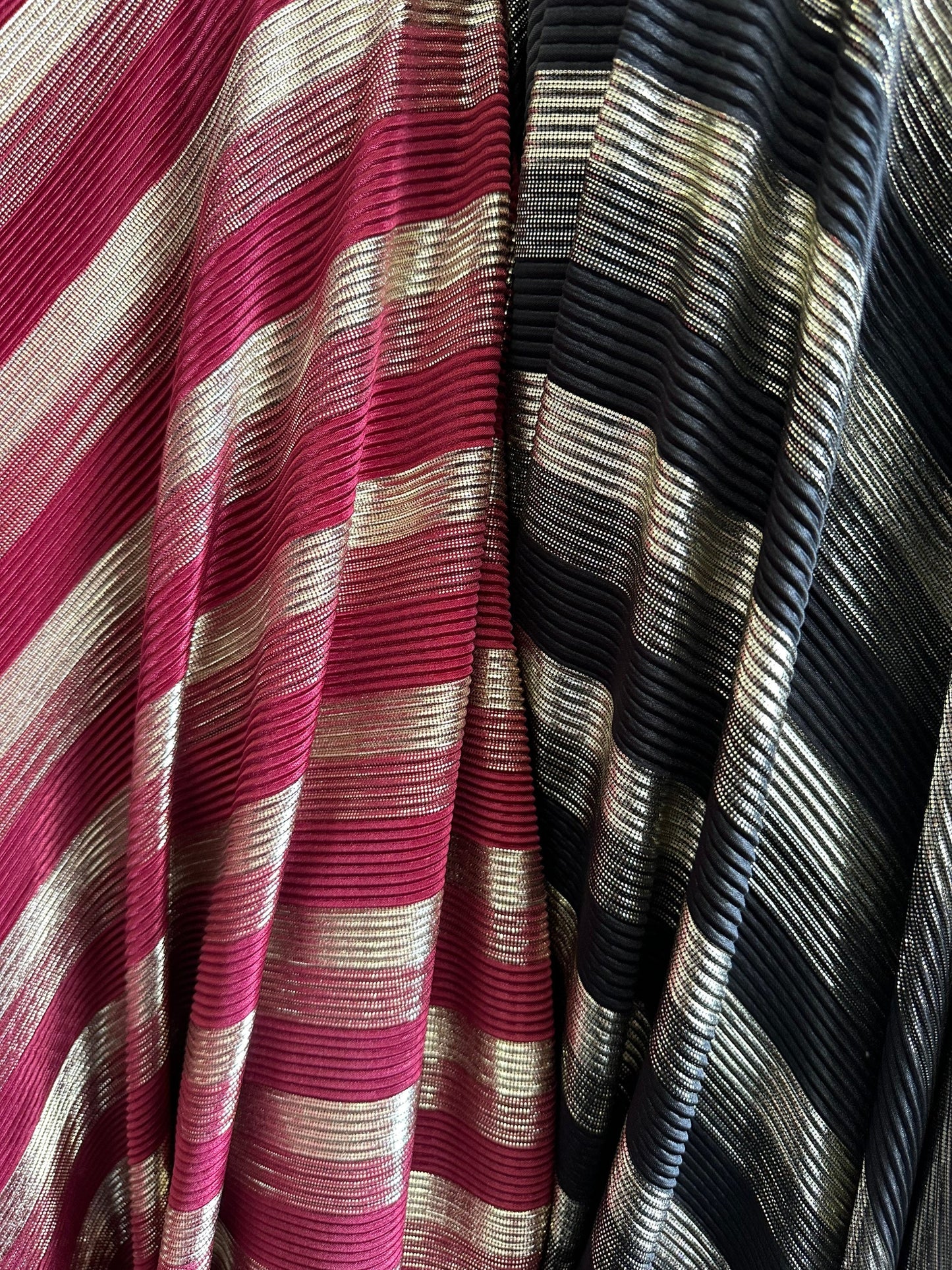 New Pleated metallic poly spandex 2-way stretch 58/60” Sold by the YD. Ships worldwide from Los Angeles California USA