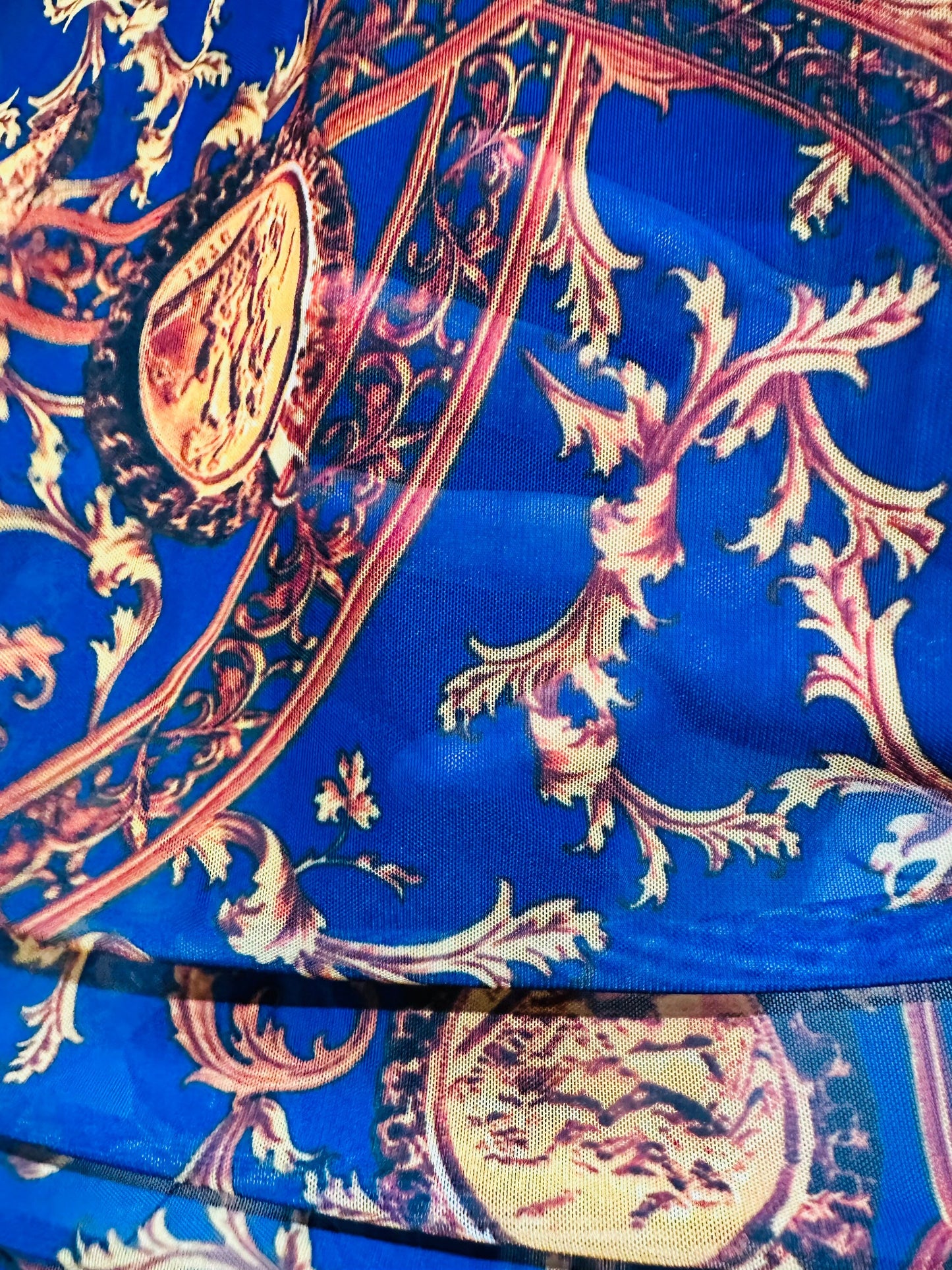 New Fashion brand design sapphire/Gold print on great quality of nylon power mesh 4-way stretch 58/60” Sold by the YD.