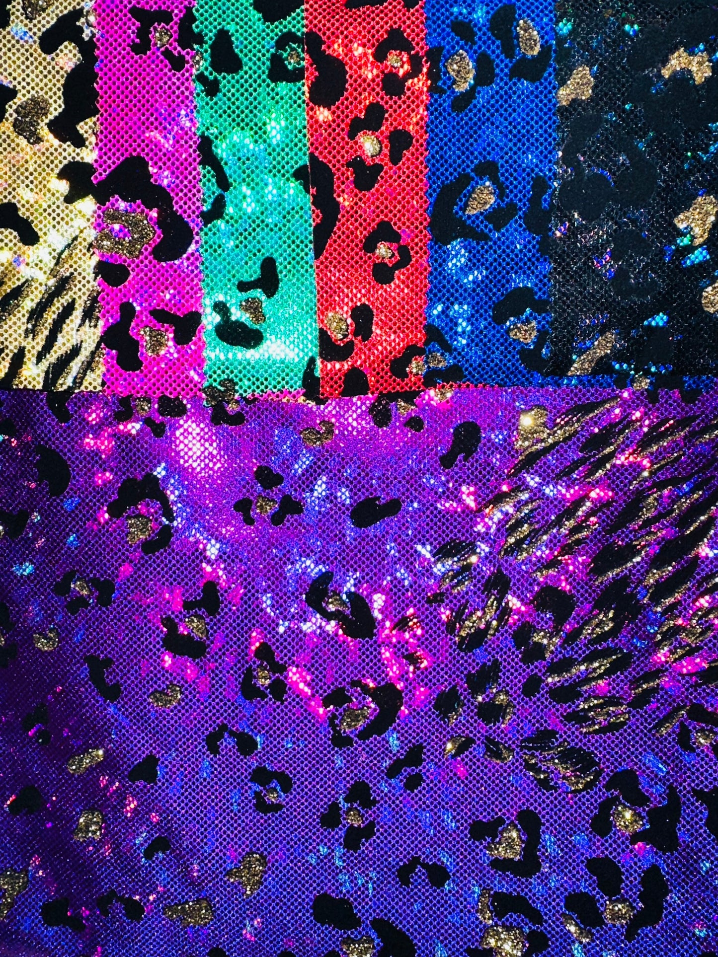 Luxury Exotic Cheetah design metallic hologram nylon spandex with flocking shatter glass spandex base high quality fabrics 4-way stretch