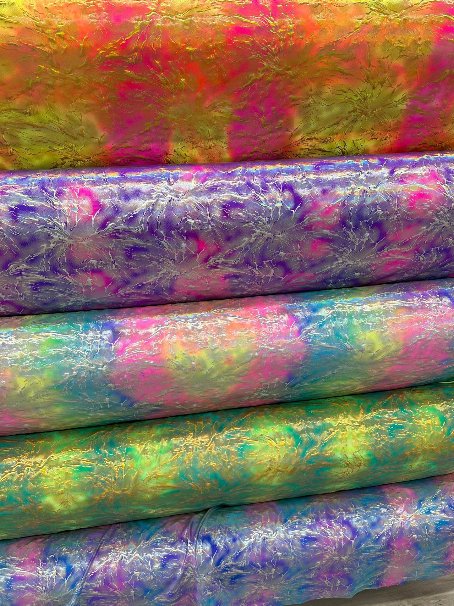 New Luxury Tie Dye Modern Abstract design hologram metallic nylon spandex 4-way stretch 58/60” Sold by the YD. Ships worldwide from LA