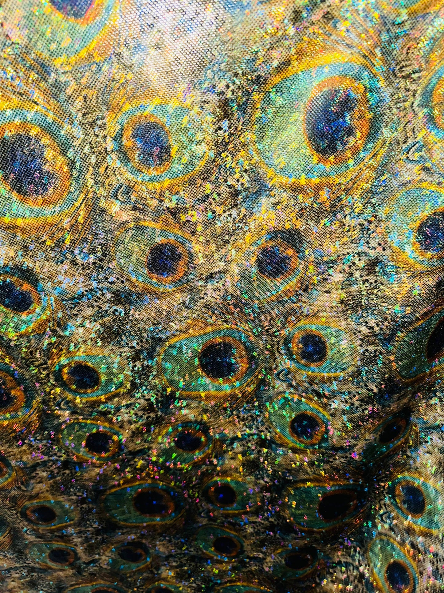 Luxury Peacock design on hologram shattered glass metallic nylon spandex 4-way stretch 58-60” Sold by the YD.