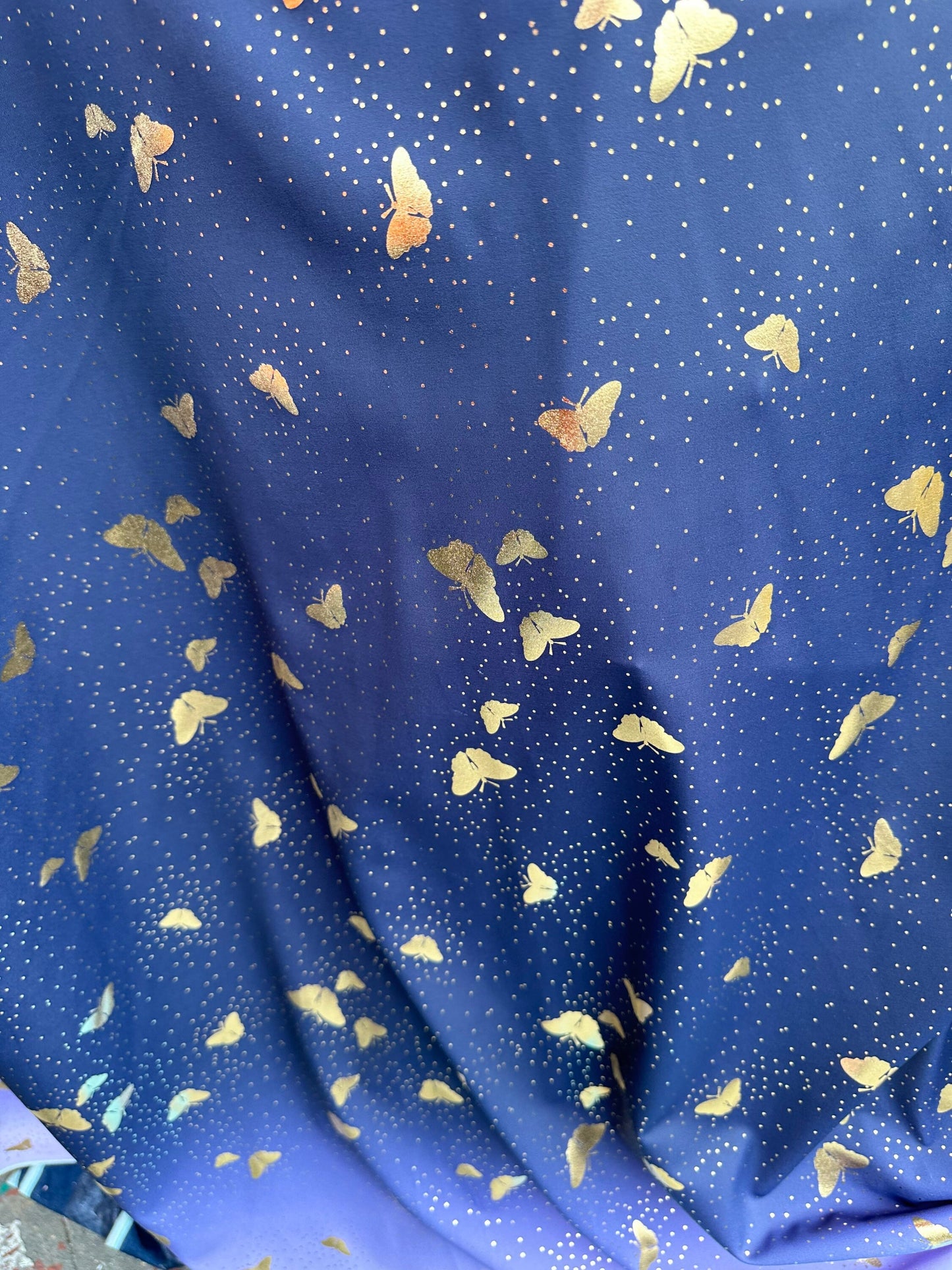 New metallic Butterfly design on best quality of nylon spandex 4-way stretch Lavender/Gold & lavender midnight blue ombré design