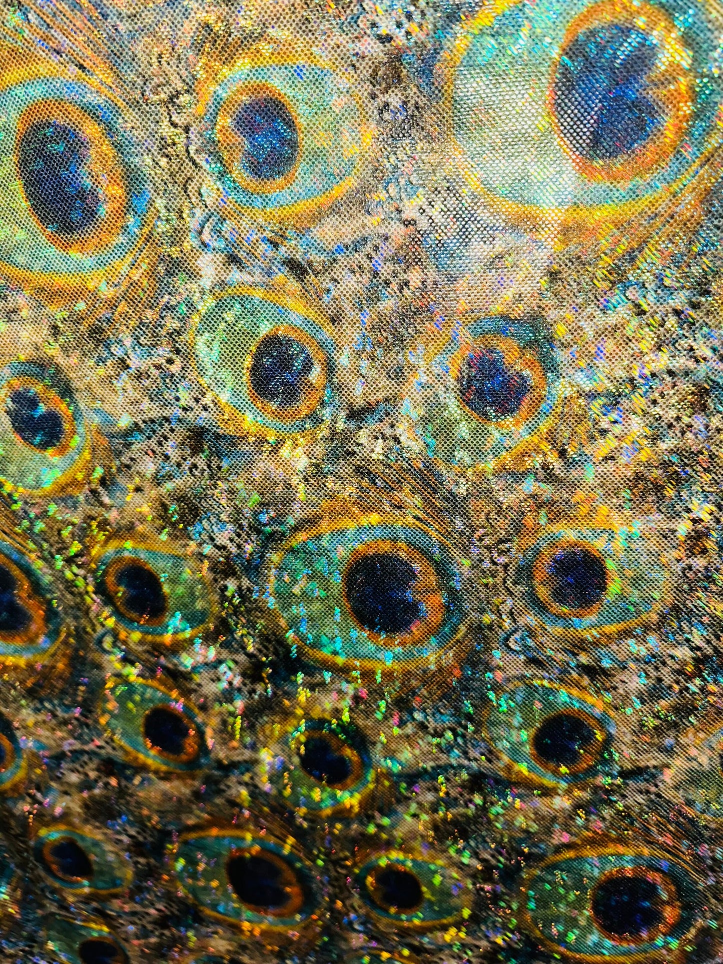 Luxury Peacock design on hologram shattered glass metallic nylon spandex 4-way stretch 58-60” Sold by the YD.
