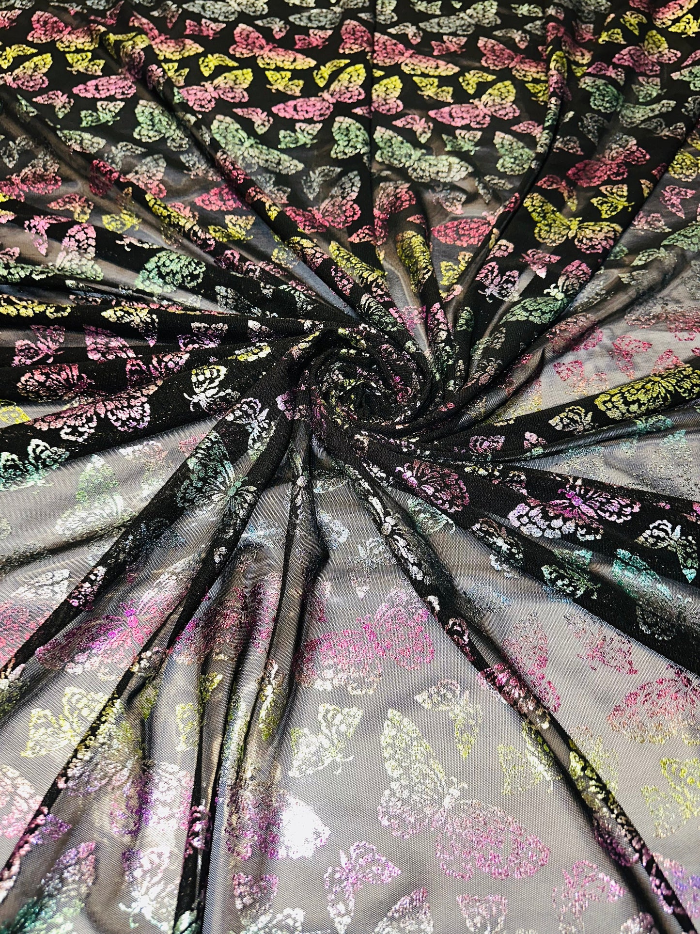 New Luxury Butterfly design rainbow pink on power mesh with foil 4-way stretch 58/60”