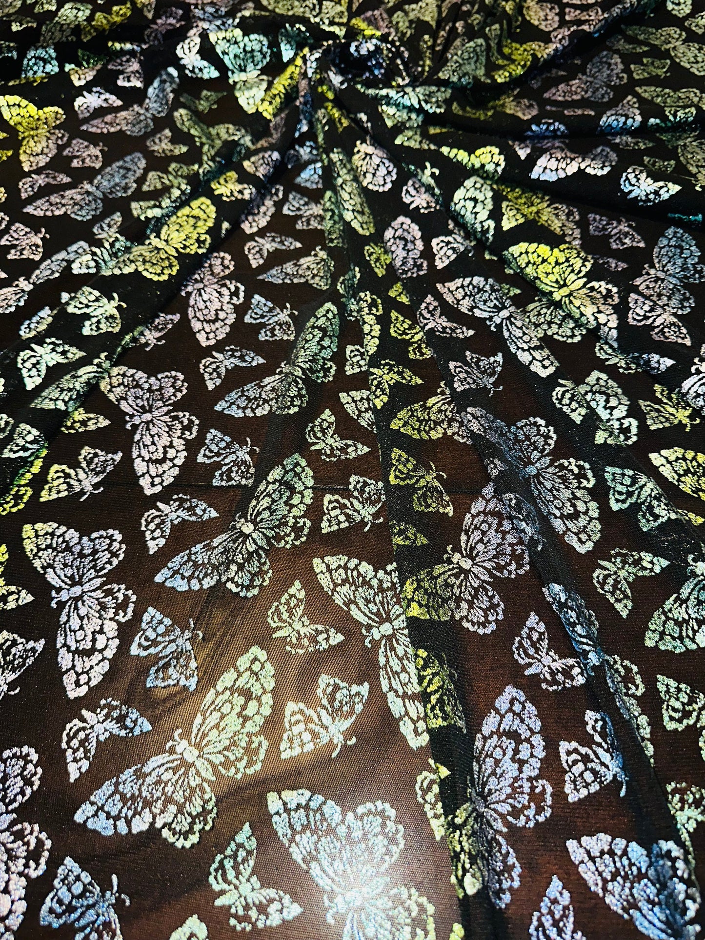 New Luxury Butterfly design Green rainbow pink on power mesh with foil 4-way stretch 58/60”