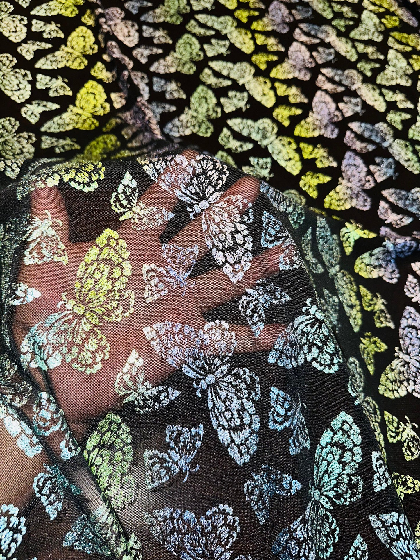 New Luxury Butterfly design Green rainbow pink on power mesh with foil 4-way stretch 58/60”