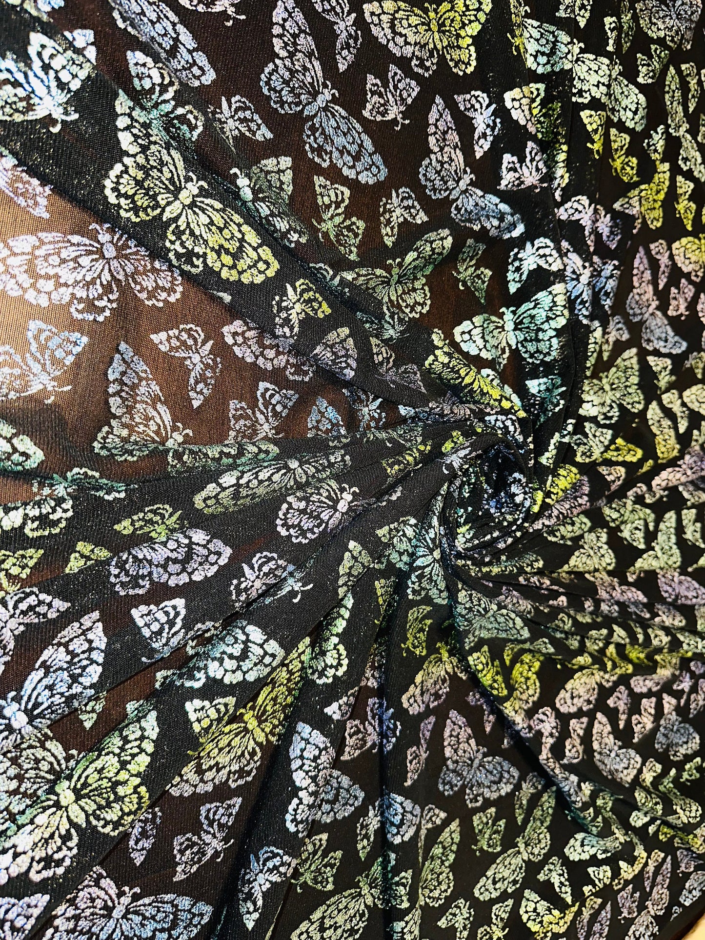 New Luxury Butterfly design Green rainbow pink on power mesh with foil 4-way stretch 58/60”
