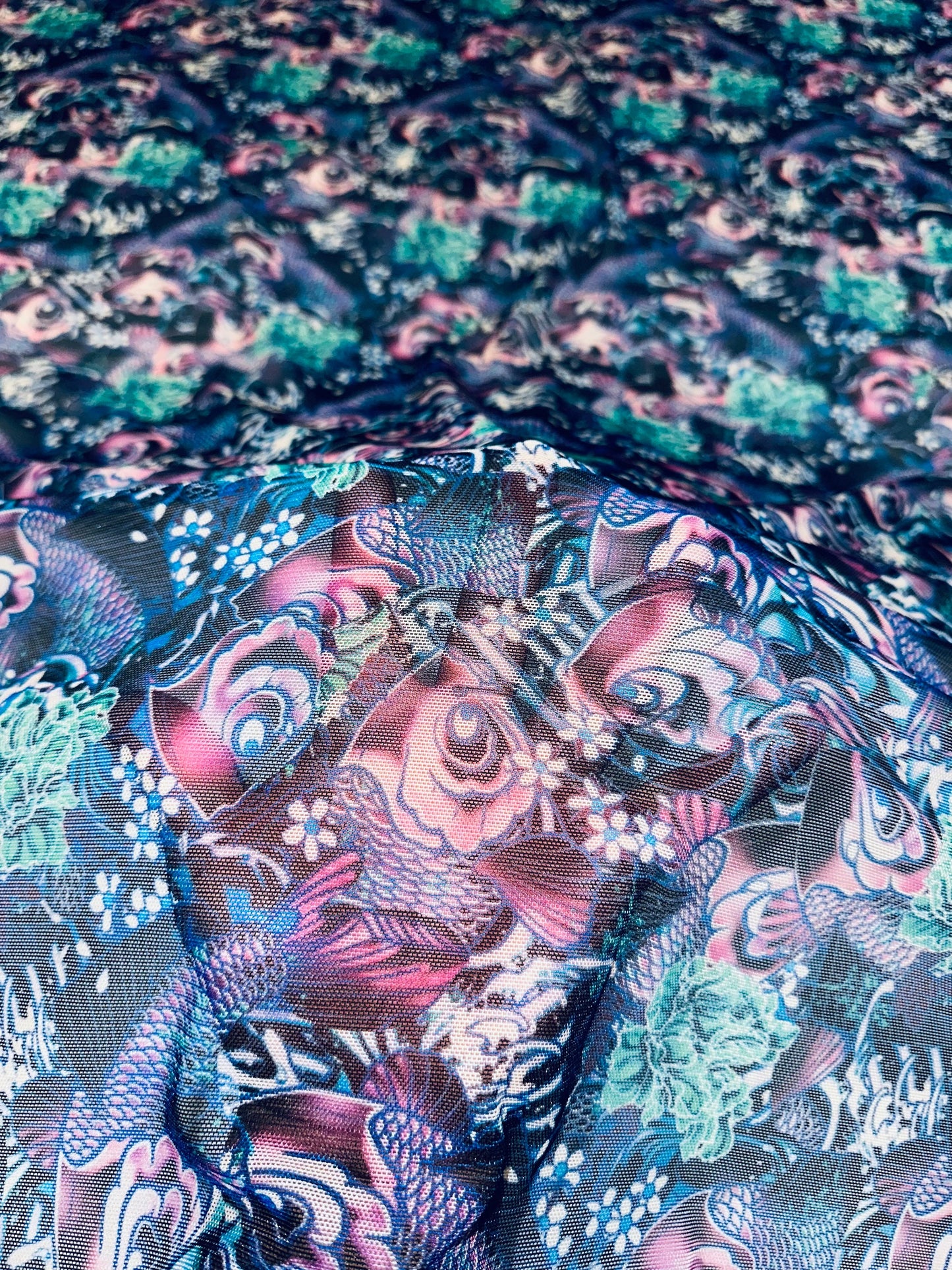 New modern Fish Tattoo design print on great quality of nylon power mesh 4-way stretch 58/60”