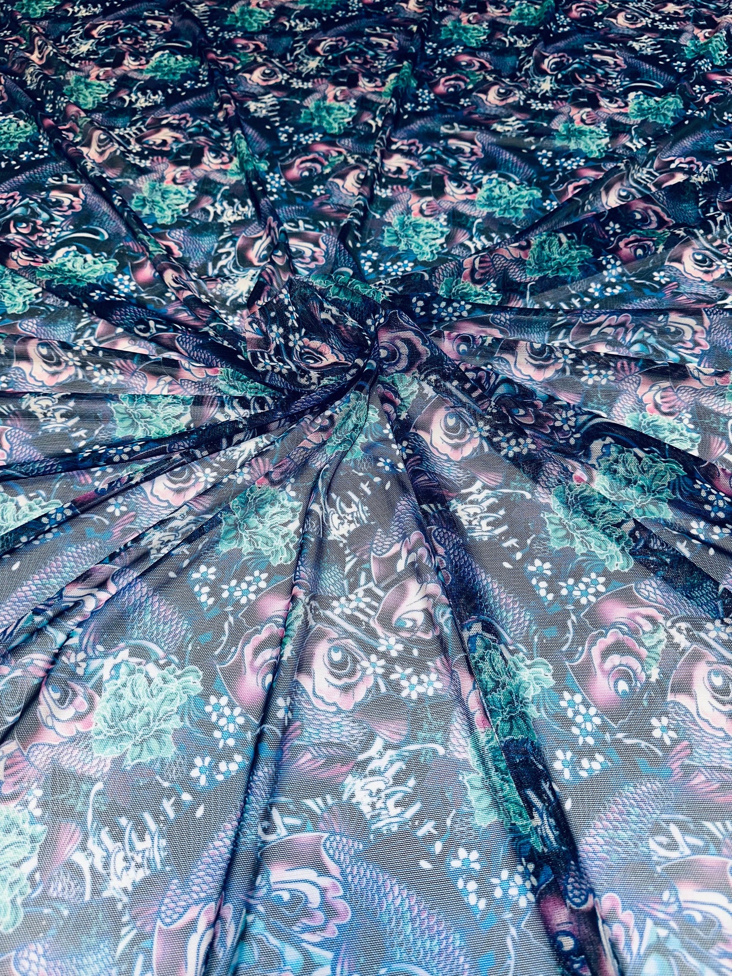 New modern Fish Tattoo design print on great quality of nylon power mesh 4-way stretch 58/60”