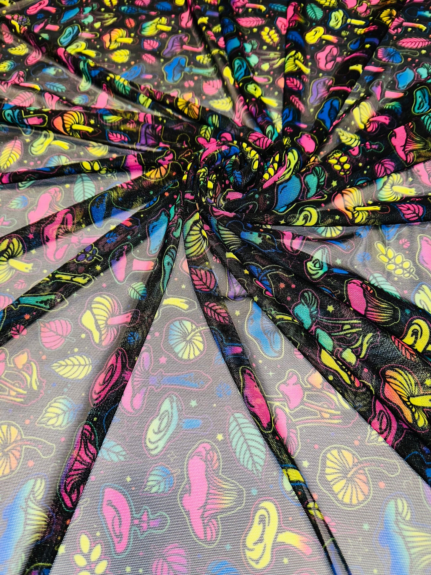 New Magic Mushrooms design print on great quality of nylon power mesh 4-way stretch 58/60”