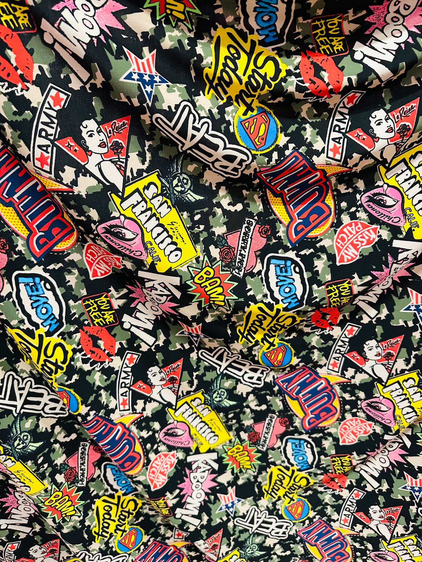 New Camouflage fashion design print on great quality of poly spandex 4-way stretch 58/60”