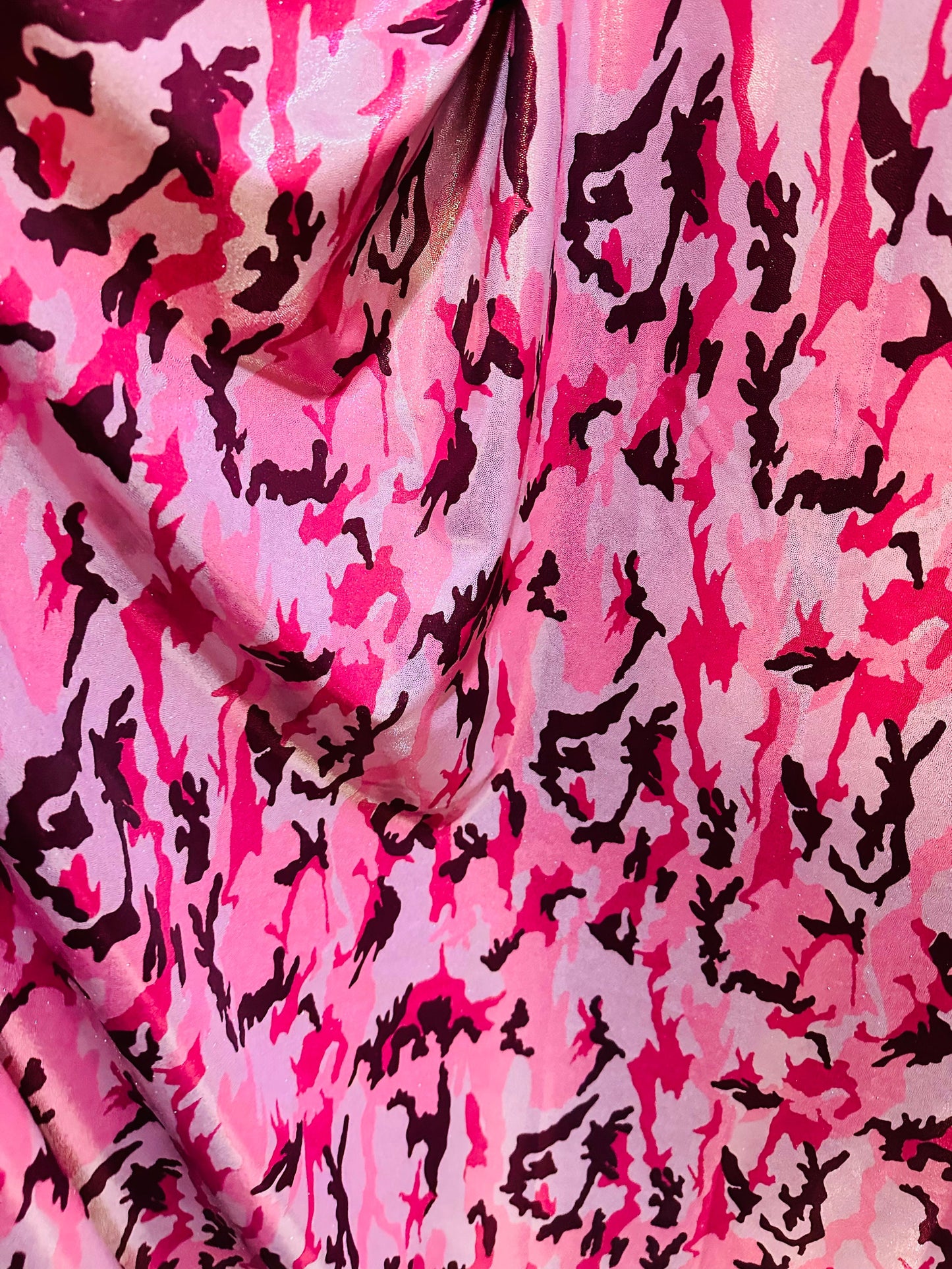 Camouflage Luxury design Pink Multicolor metallic nylon spandex with foggy foil 4-way stretch 58/60”