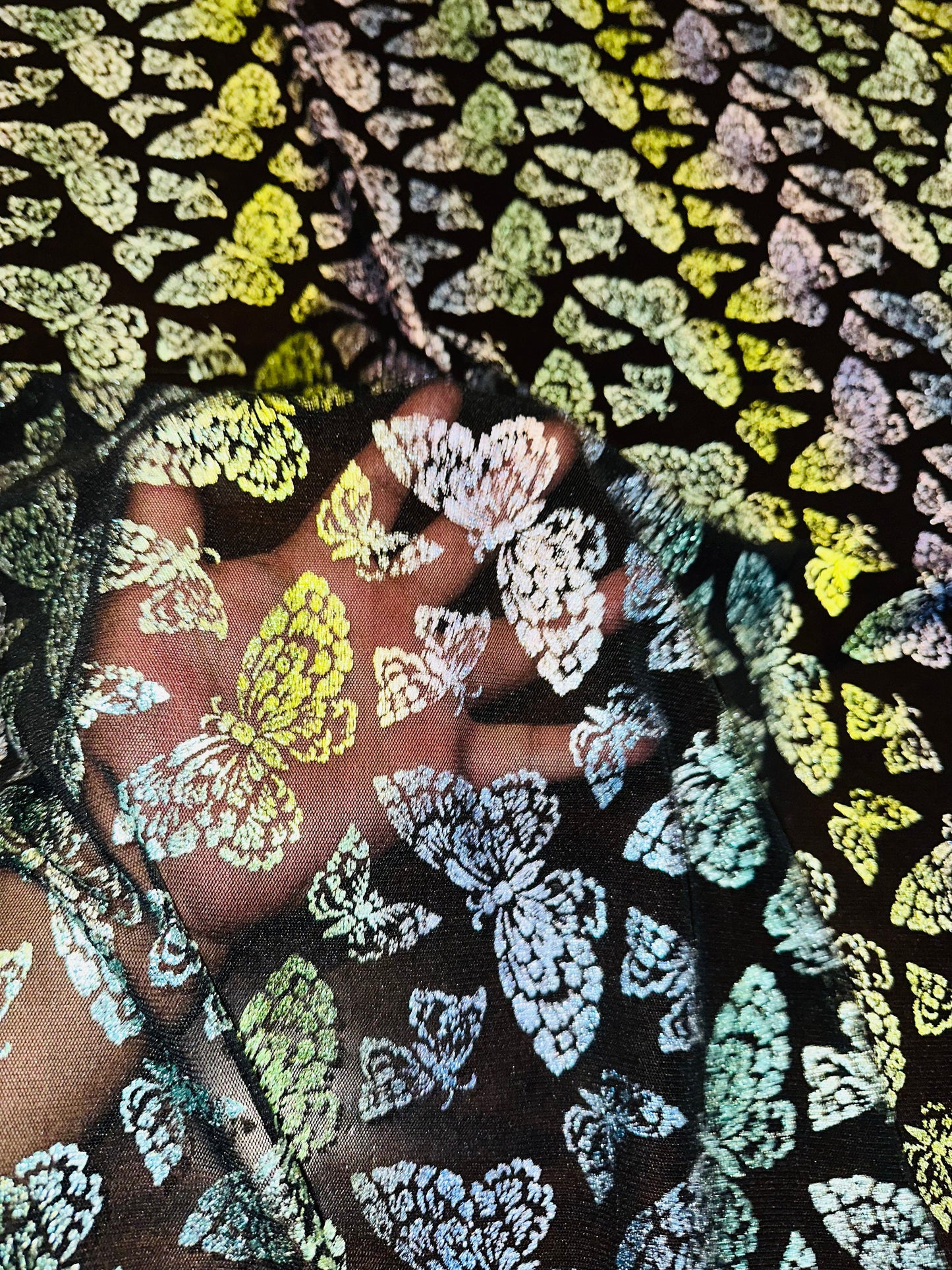 New Luxury Butterfly design Green rainbow pink on power mesh with foil 4-way stretch 58/60”