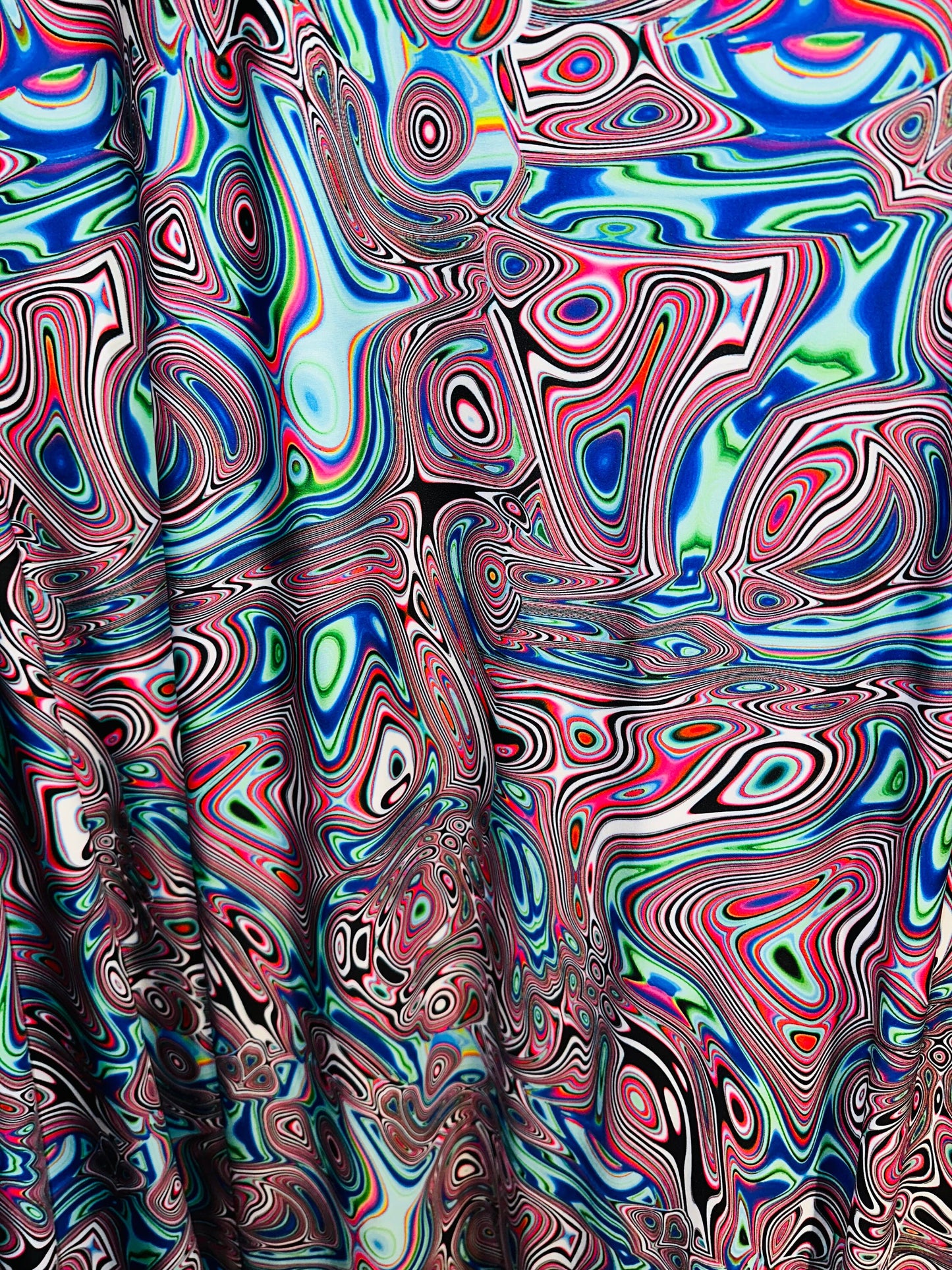 Spandex fabric Modern Lava design blue multicolor print on great quality of nylon spandex 4-way stretch 58/60”
