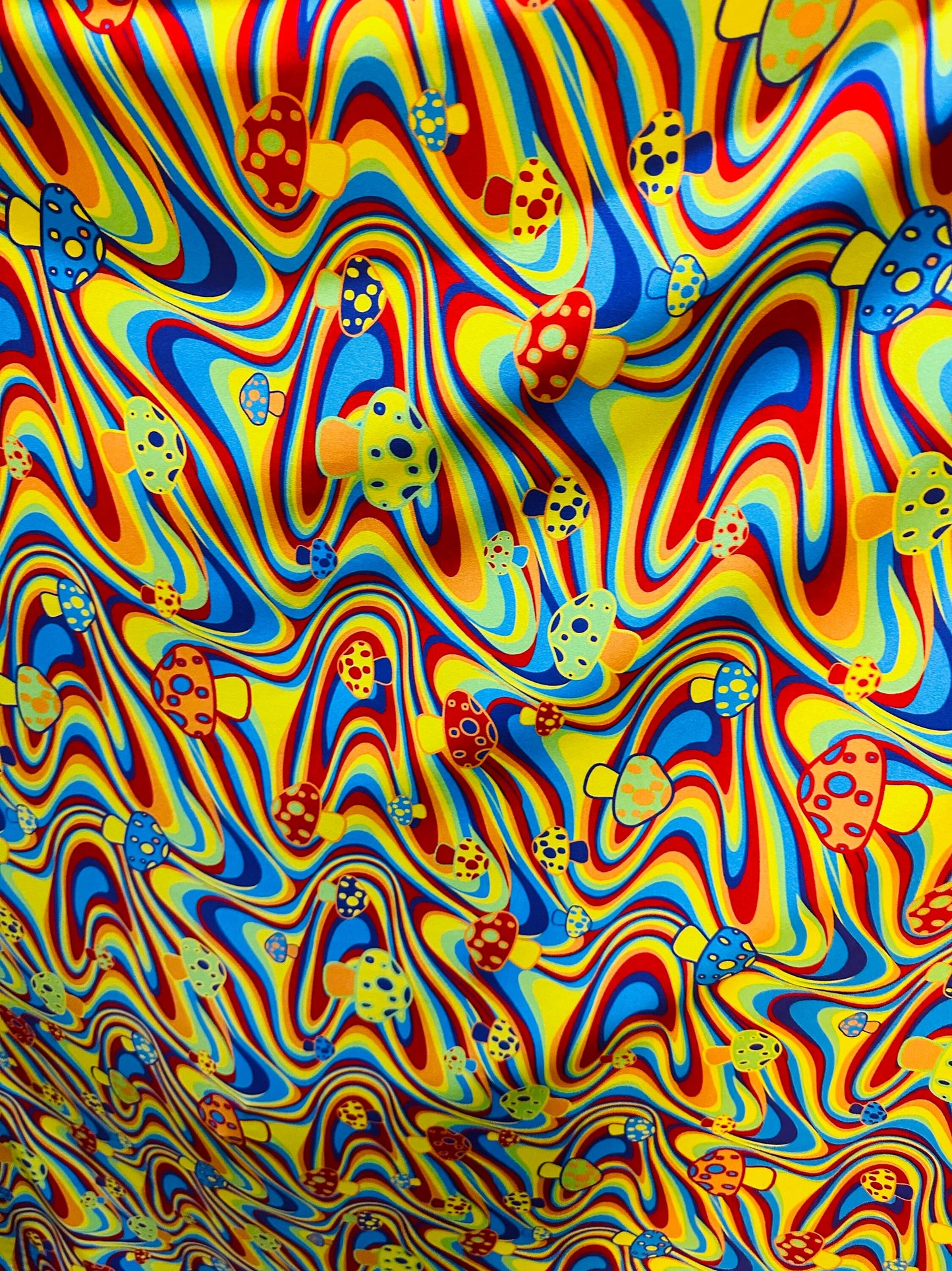 Mushroom design on spandex fabric 4-way stretch 58/60” Sold by the YD.