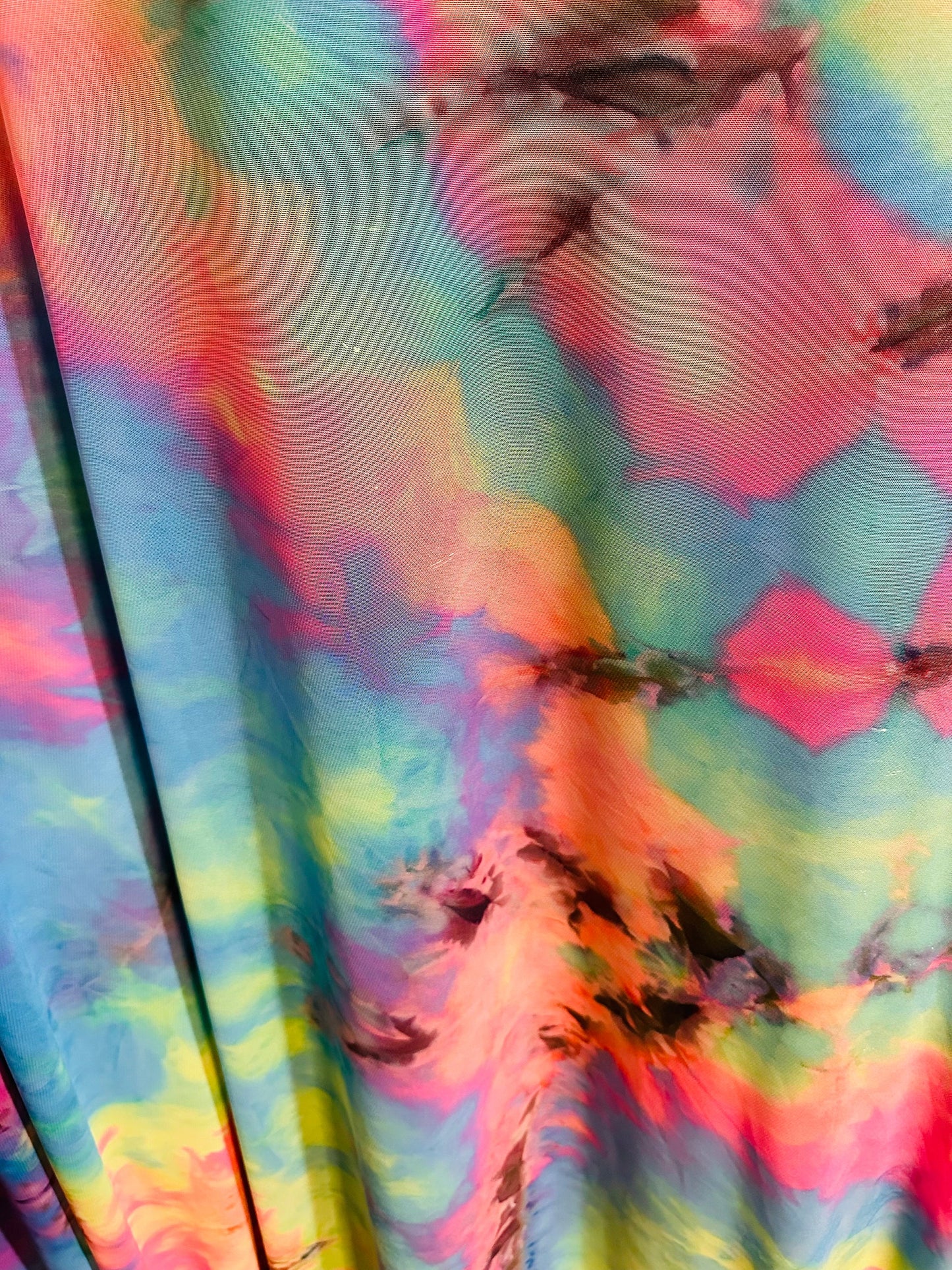 Tie dye multi pastel power mesh 4-way stretch 58/60” Sold by the YD.