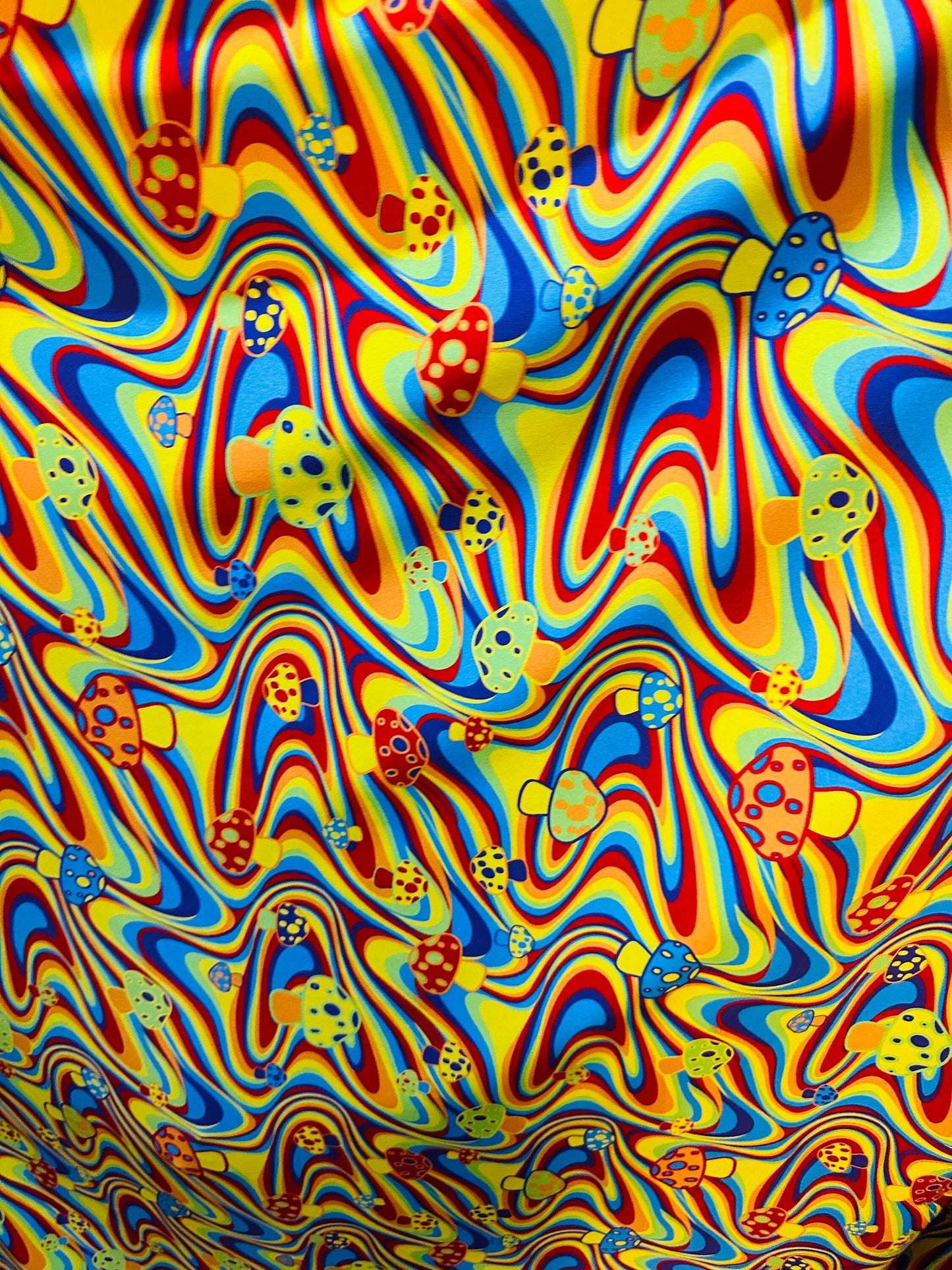 Mushroom design on spandex fabric 4-way stretch 58/60” Sold by the YD.