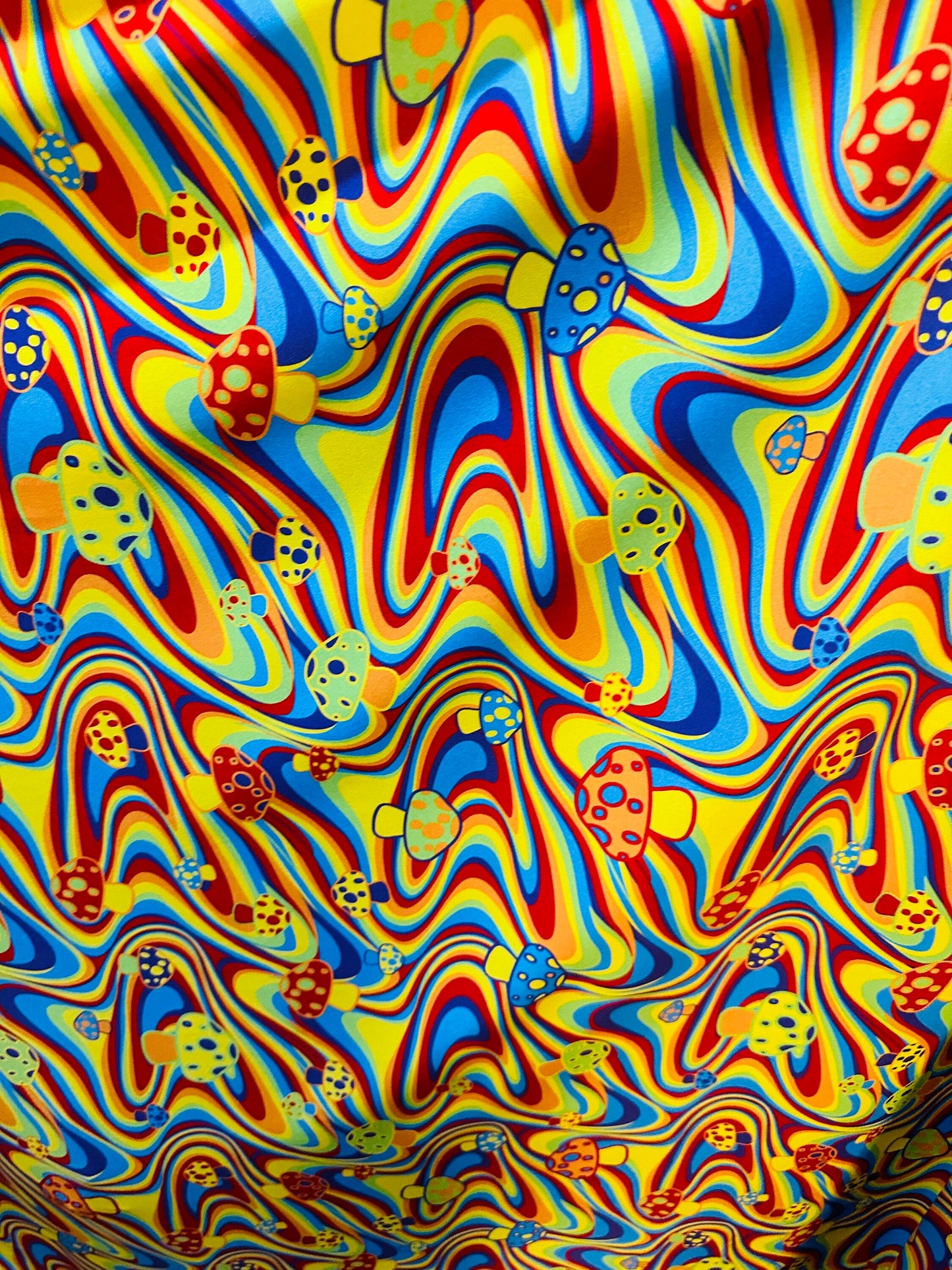 Mushroom design on spandex fabric 4-way stretch 58/60” Sold by the YD.