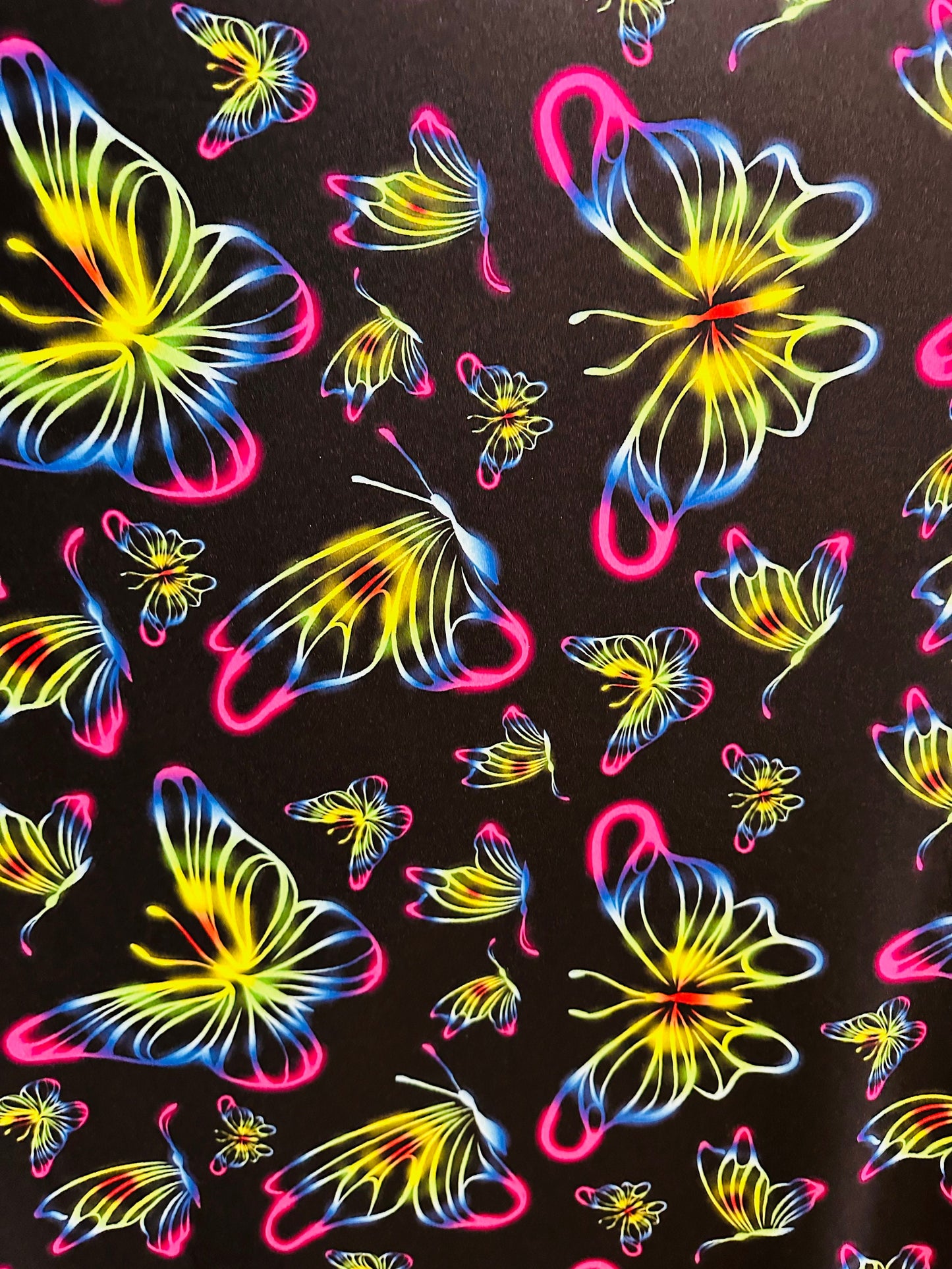 New Rainbow Butterfly design print on great quality of poly spandex 4-way stretch 58/60” Sold by the YD.