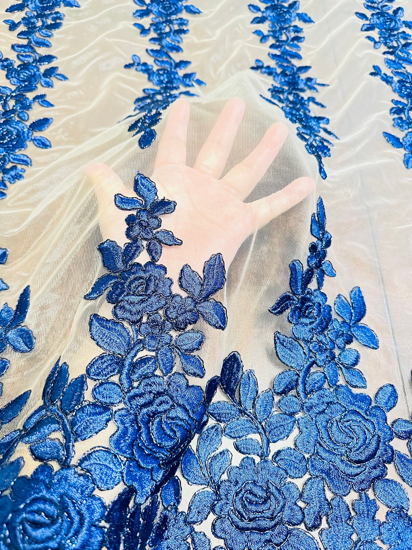 New Victoria embroidered lace Nude/Midnight Blue 2-way stretch 42/44” Sold by the YD. High quality fabrics by AlexLAFabrics