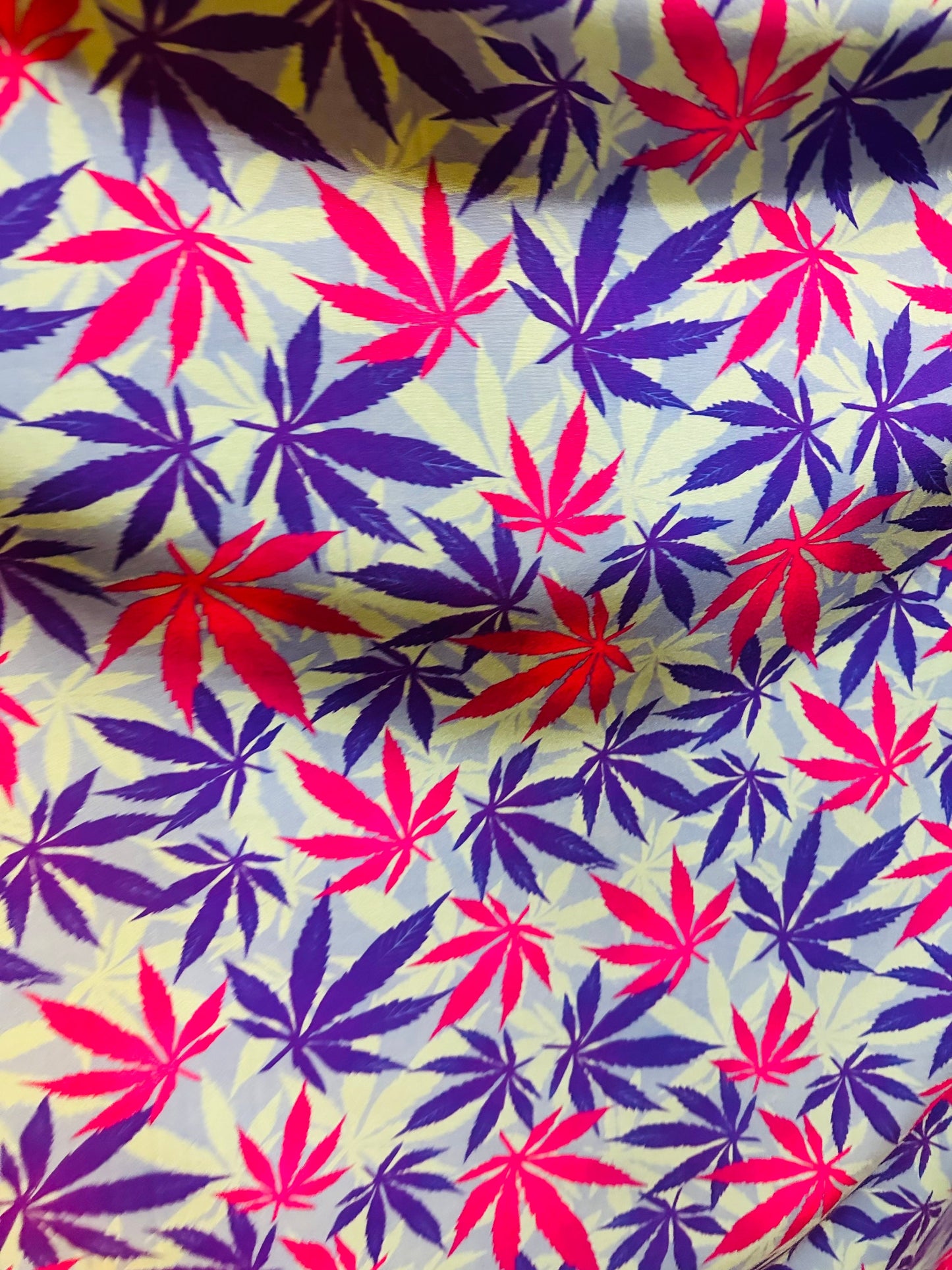 Marihuana Cannabis leaf design multicolor print on great quality of nylon spandex 4-way stretch 58-60”