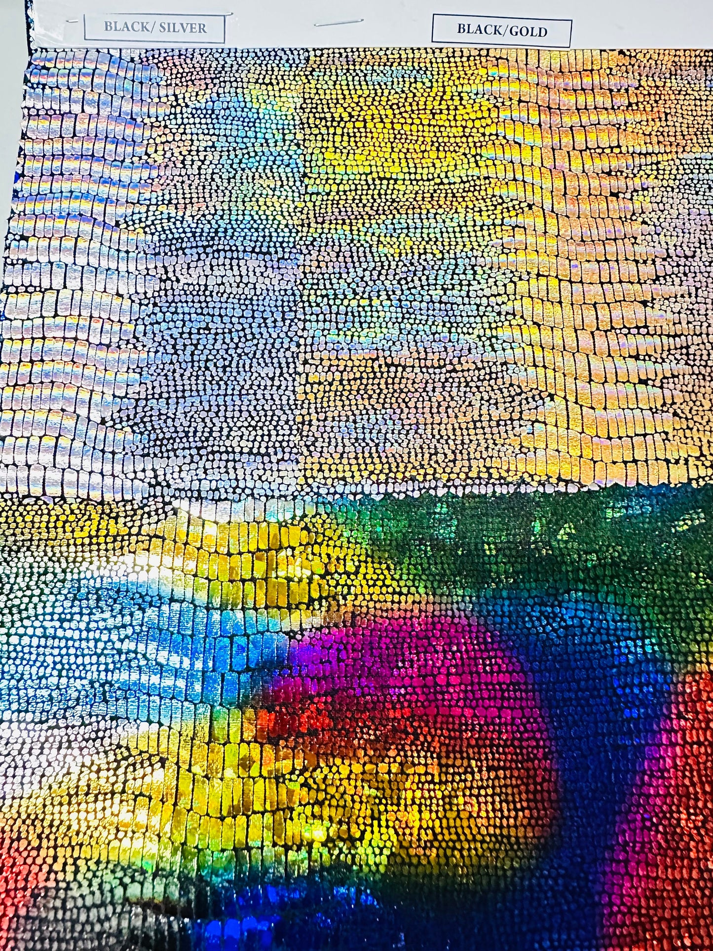 Alligator design exotic hologram metallic nylon spandex 4-way stretch. High quality fabrics by AlexLAFabrics