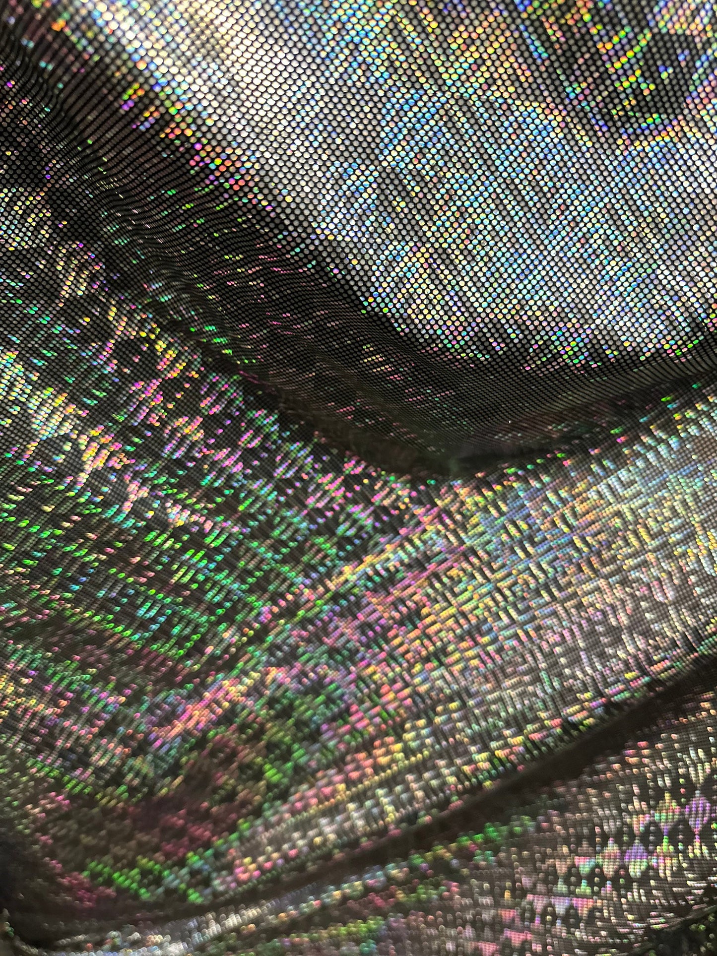 New 3D design black/silver hologram nylon spandex 4-way stretch 48/50” Sold by the YD. Ships worldwide from Los Angeles California USA.