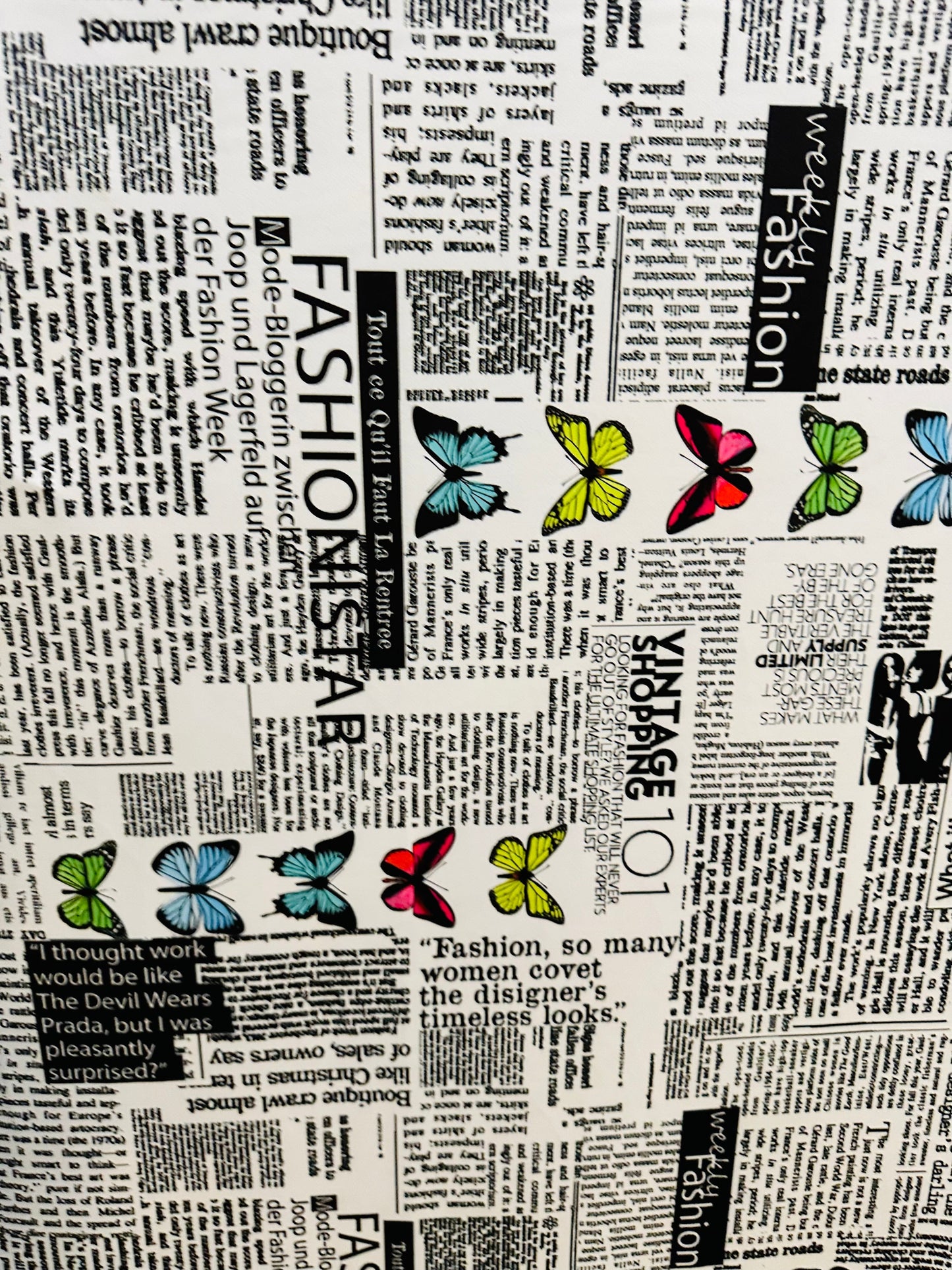 New Newspaper fashion Butterfly design print on great quality of nylon spandex 4-way stretch 58/60”