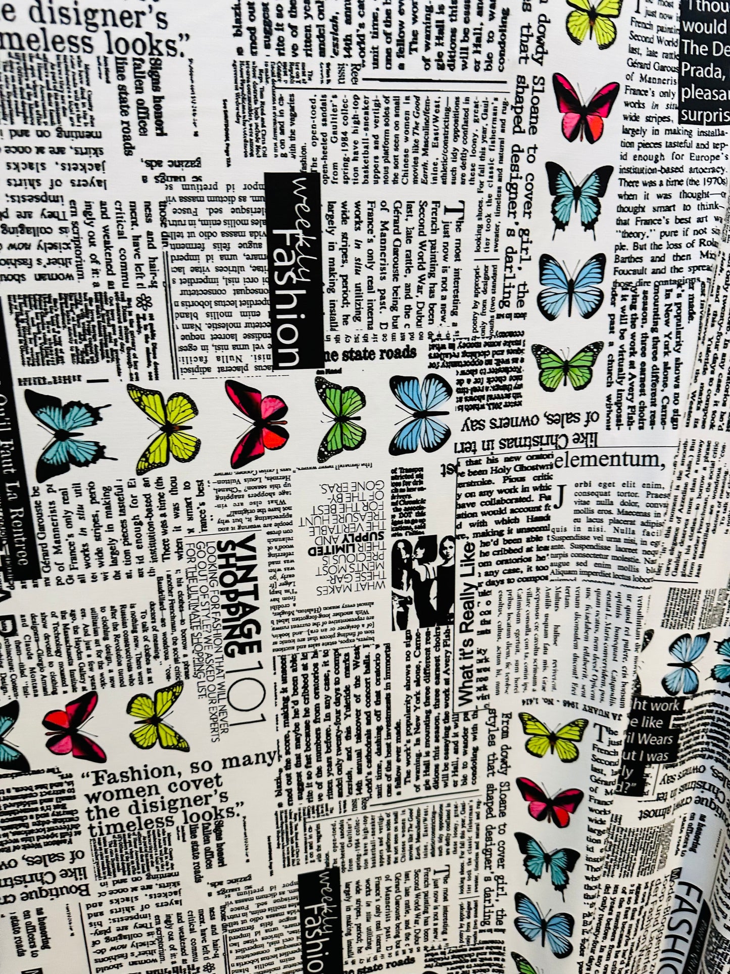 New Newspaper fashion Butterfly design print on great quality of nylon spandex 4-way stretch 58/60”