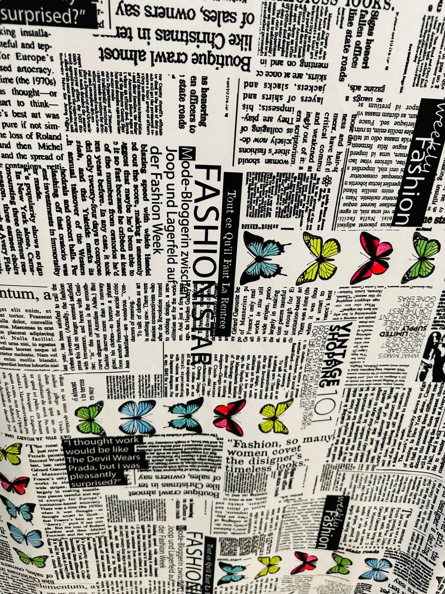 New Newspaper fashion Butterfly design print on great quality of nylon spandex 4-way stretch 58/60”