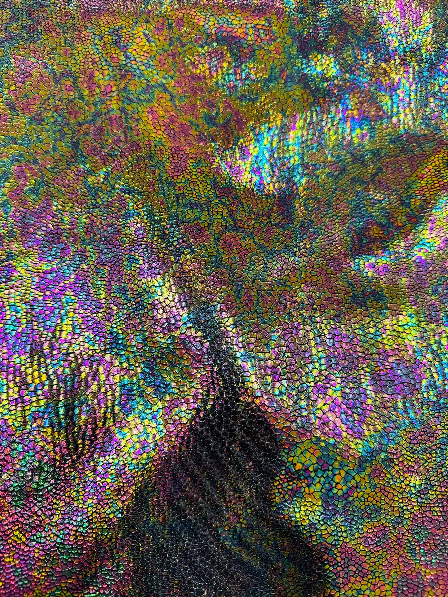 Iridescent snake skin cobra design hologram metallic nylon spandex 4-way stretch 58/60” Sold by the YD.