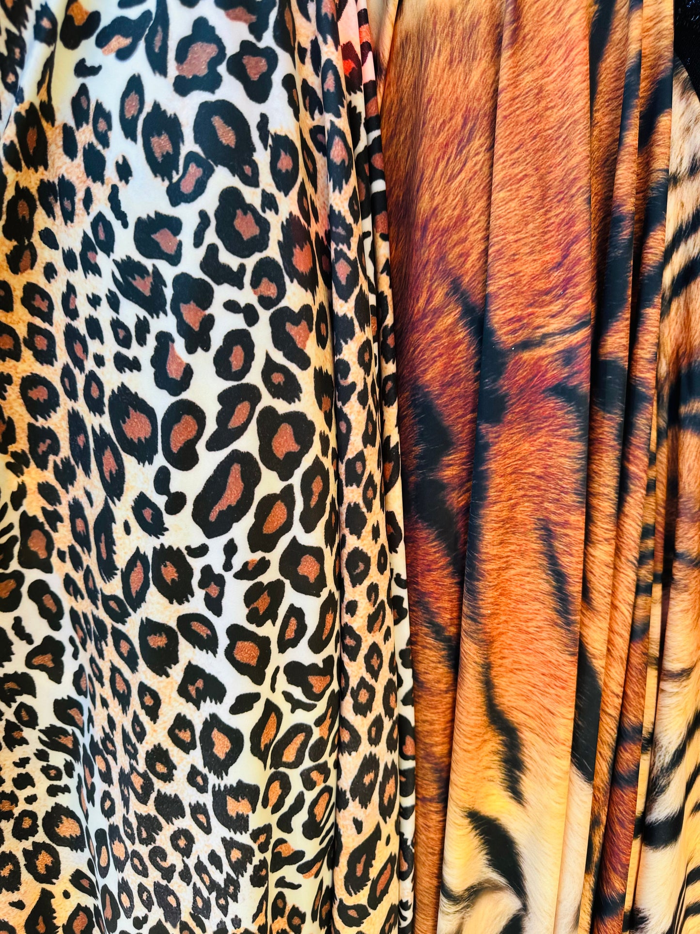New Exotic Leopard and Tiger design print on great quality of stretch velvet 4-way stretch 58/60” Sold by the YD.