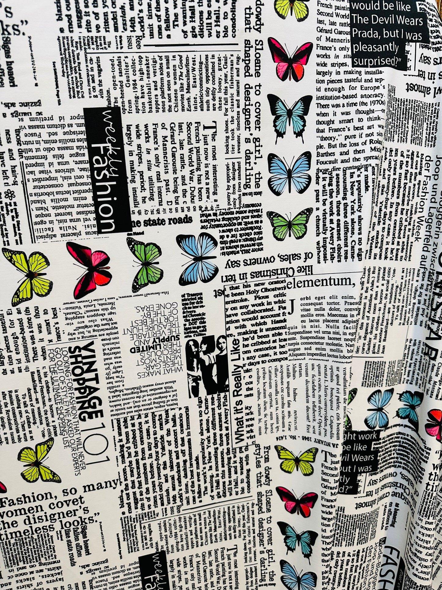 New Newspaper fashion Butterfly design print on great quality of nylon spandex 4-way stretch 58/60”